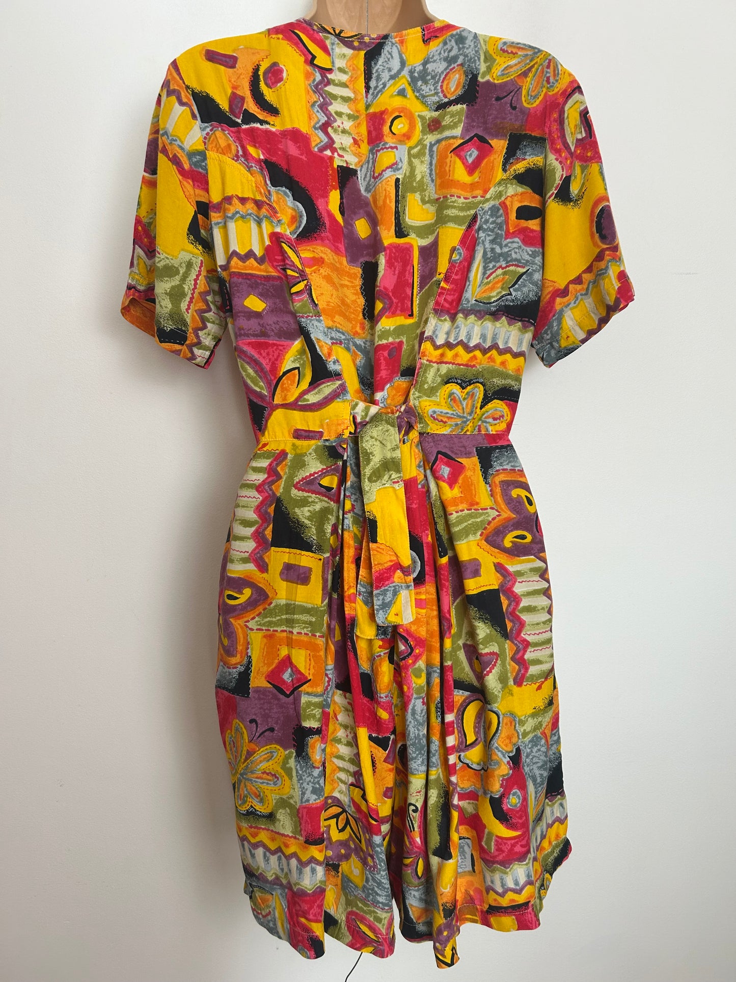 Vintage 1980s RENE DERHY Size 8 (Small) Yellow Orange Pink & Purple Abstract Print Cute Romper Playsuit