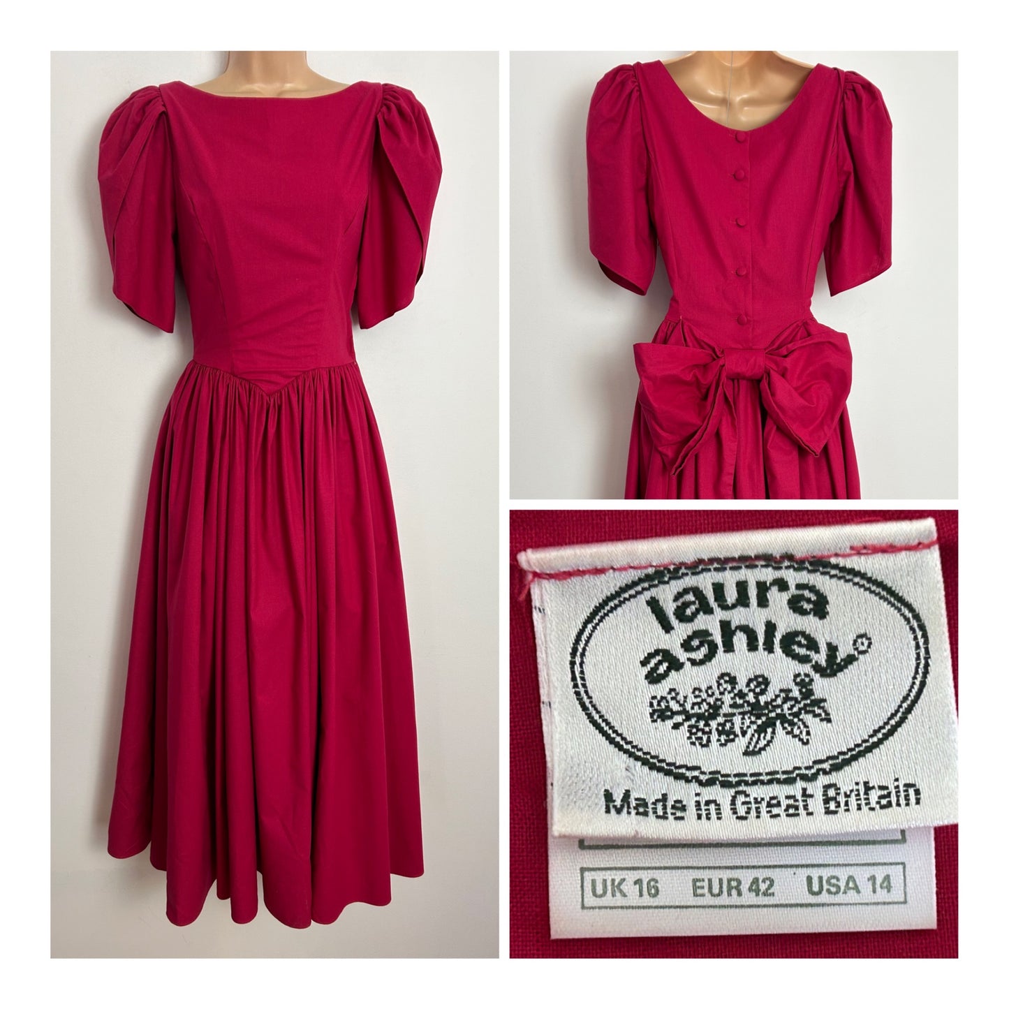 Vintage 1980s LAURA ASHLEY UK Size 8 Dark Pink Cotton Bow Back Midi Ballgown Dress