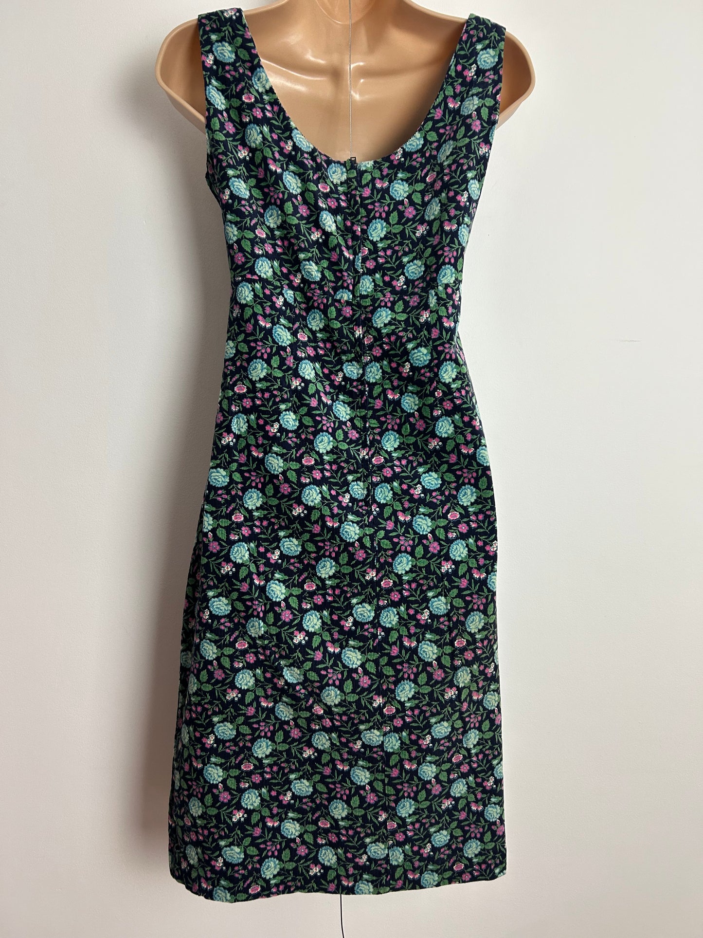 Vintage 1970s FLORINE PARIS Size 8 Navy Blue Pink & Green Floral Print Needlecord Corduroy Day Dress