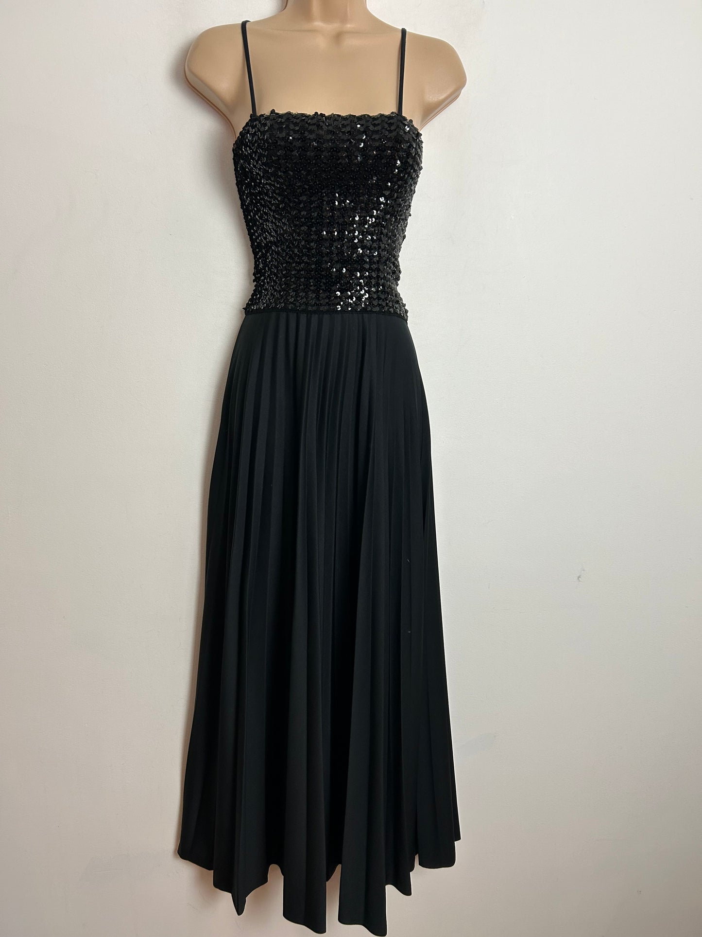 Vintage 1970s YOLENE Up To Size 10 Black Sequin Bodice Strappy Pleated Evening Maxi Dress
