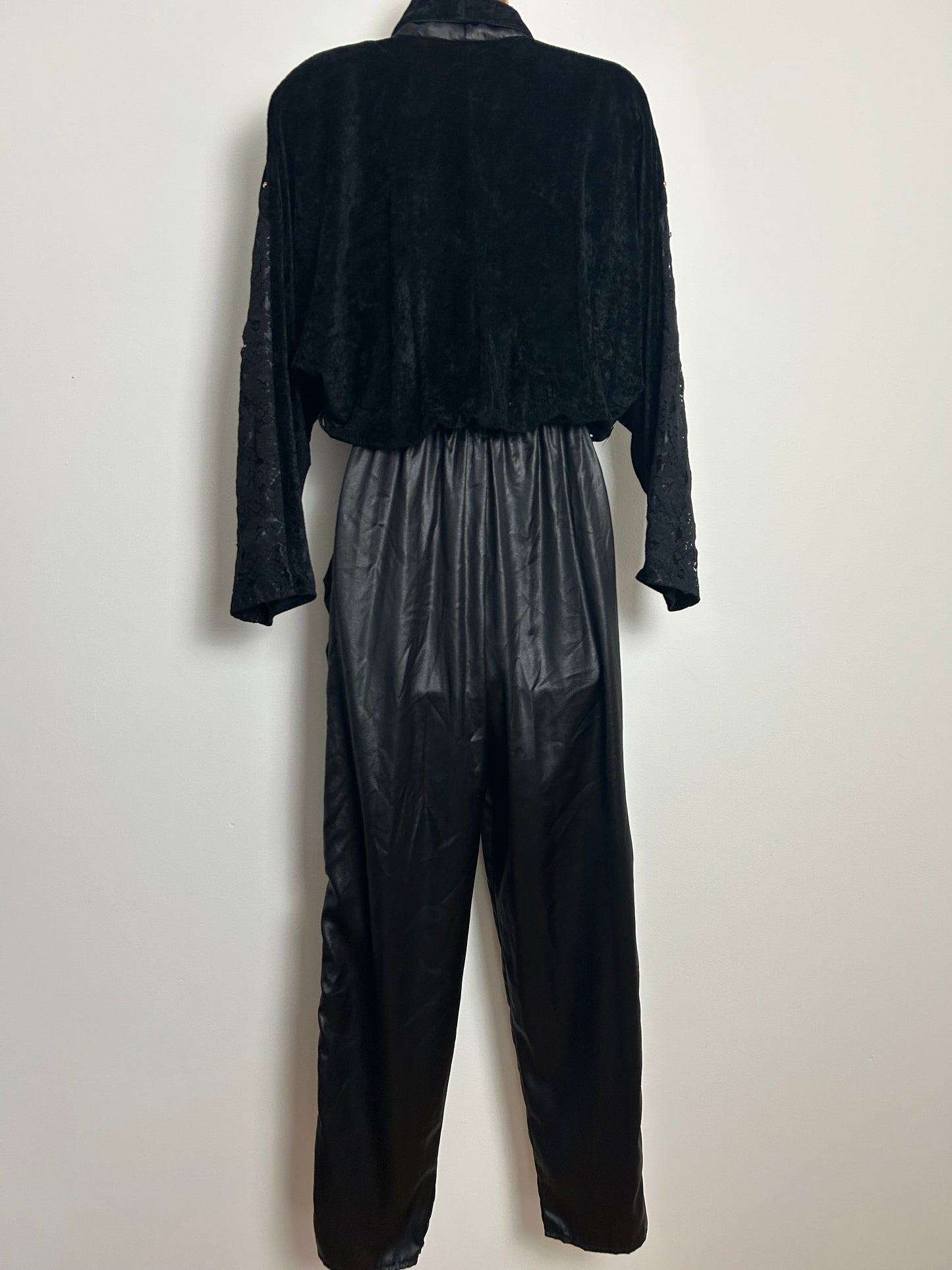 Vintage Extreme 1980s ST DENIS Size 10 Black Ruched Wet Look Studded New Romantic Gothic Vibes Jumpsuit