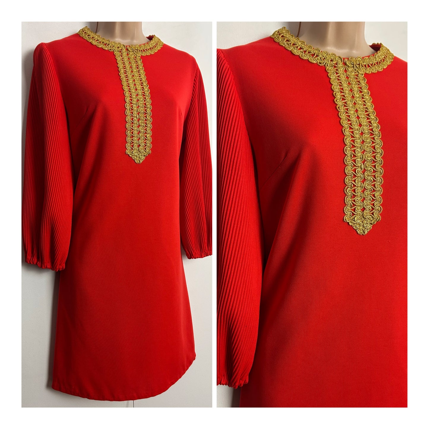 Vintage 1960s CARNEGIE BOUTIQUE UK Size 10-12 Orange & Metallic Gold Trim Long Pleated Sleeve Mod Shift Party Dress