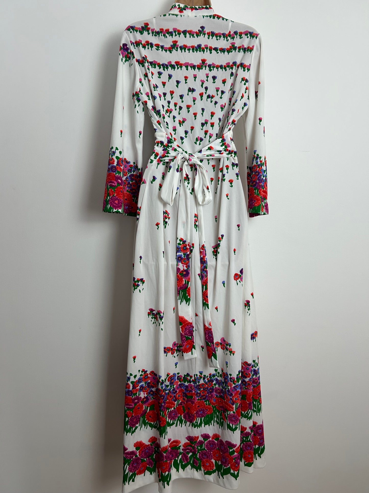 Vintage 1970s FURSTENBURG Size 12 White Red Pink & Green Floral Print Wrap Maxi Dress
