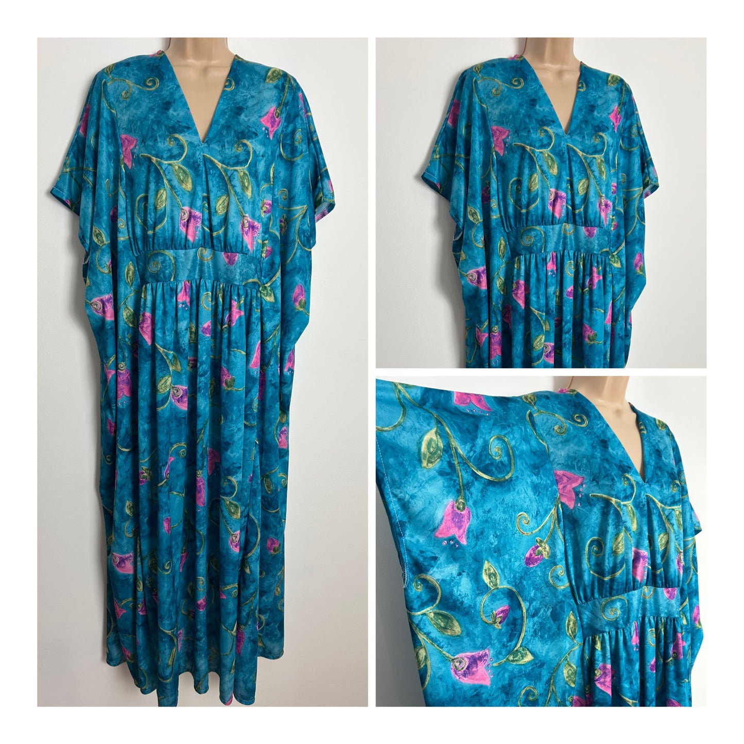 Vintage One Size Turquoise Pink & Green Floral Print Short Wide Sleeve Kaftan