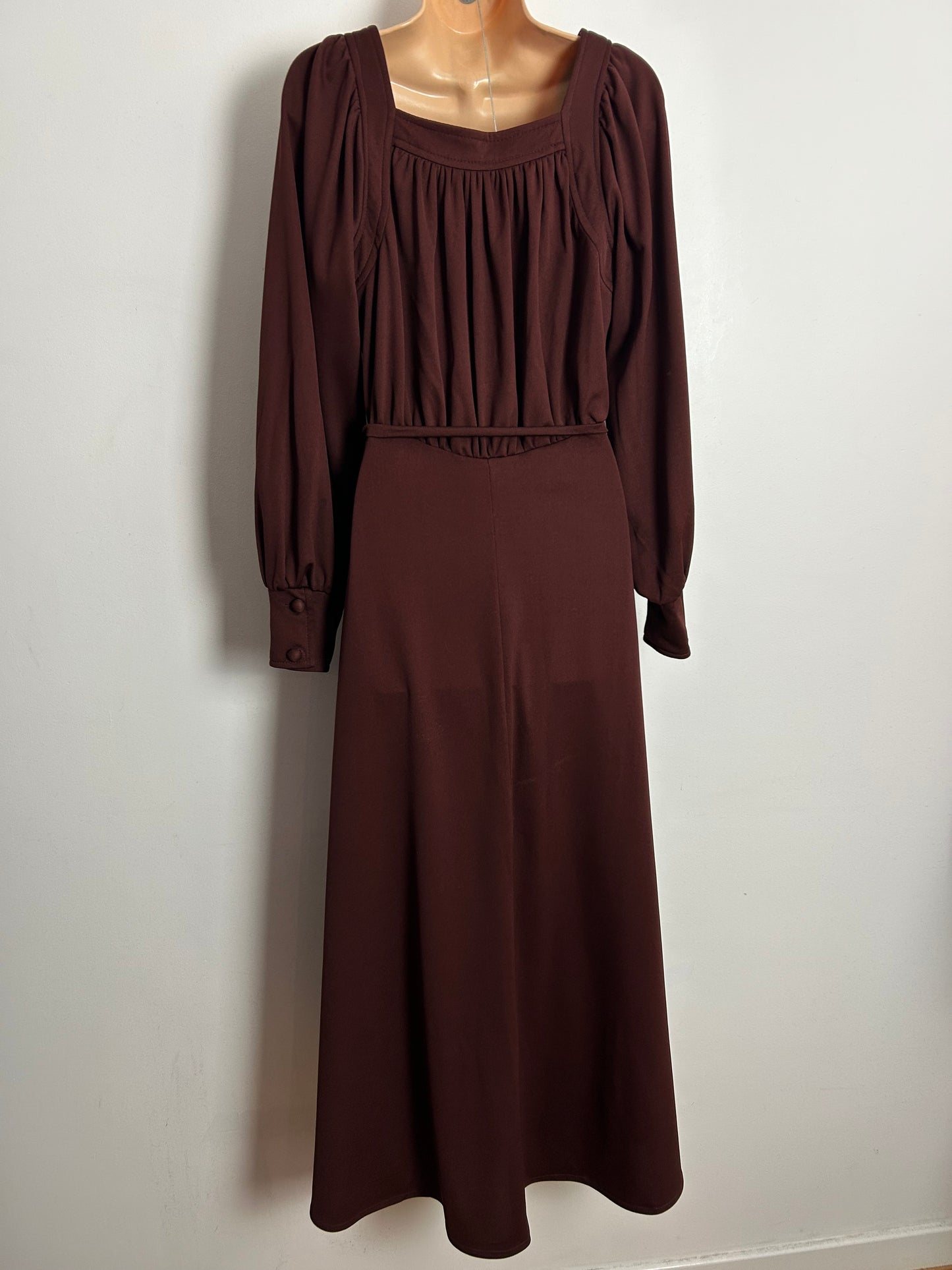 Vintage 1970s WAVE LENGTH UK Size 12 Chestnut Brown Long Sleeve Belted Boho Maxi Dress