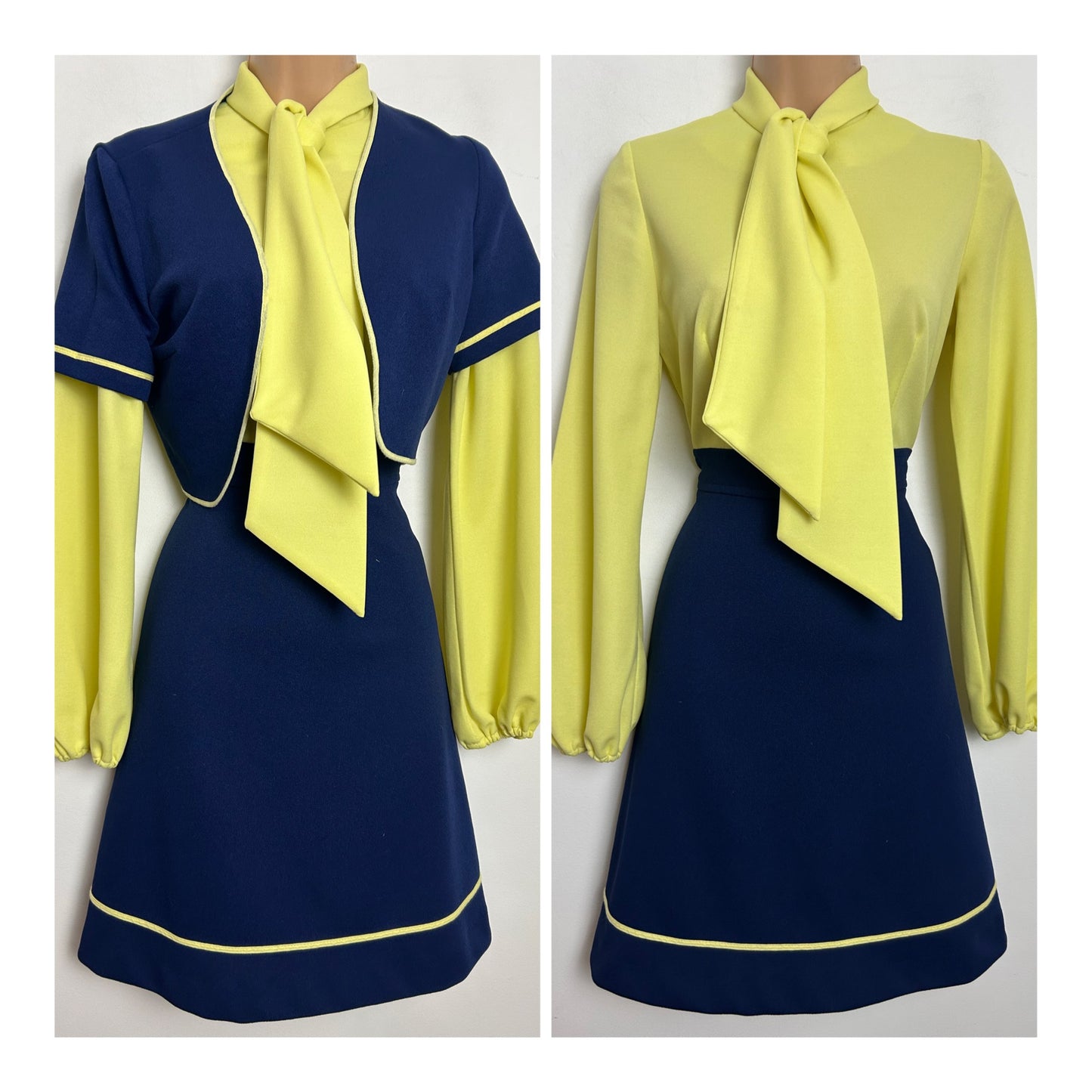 Vintage 1960s Size 8 Navy Blue & Yellow Scarf Neck Long Sleeve Mod Dress & Matching Jacket