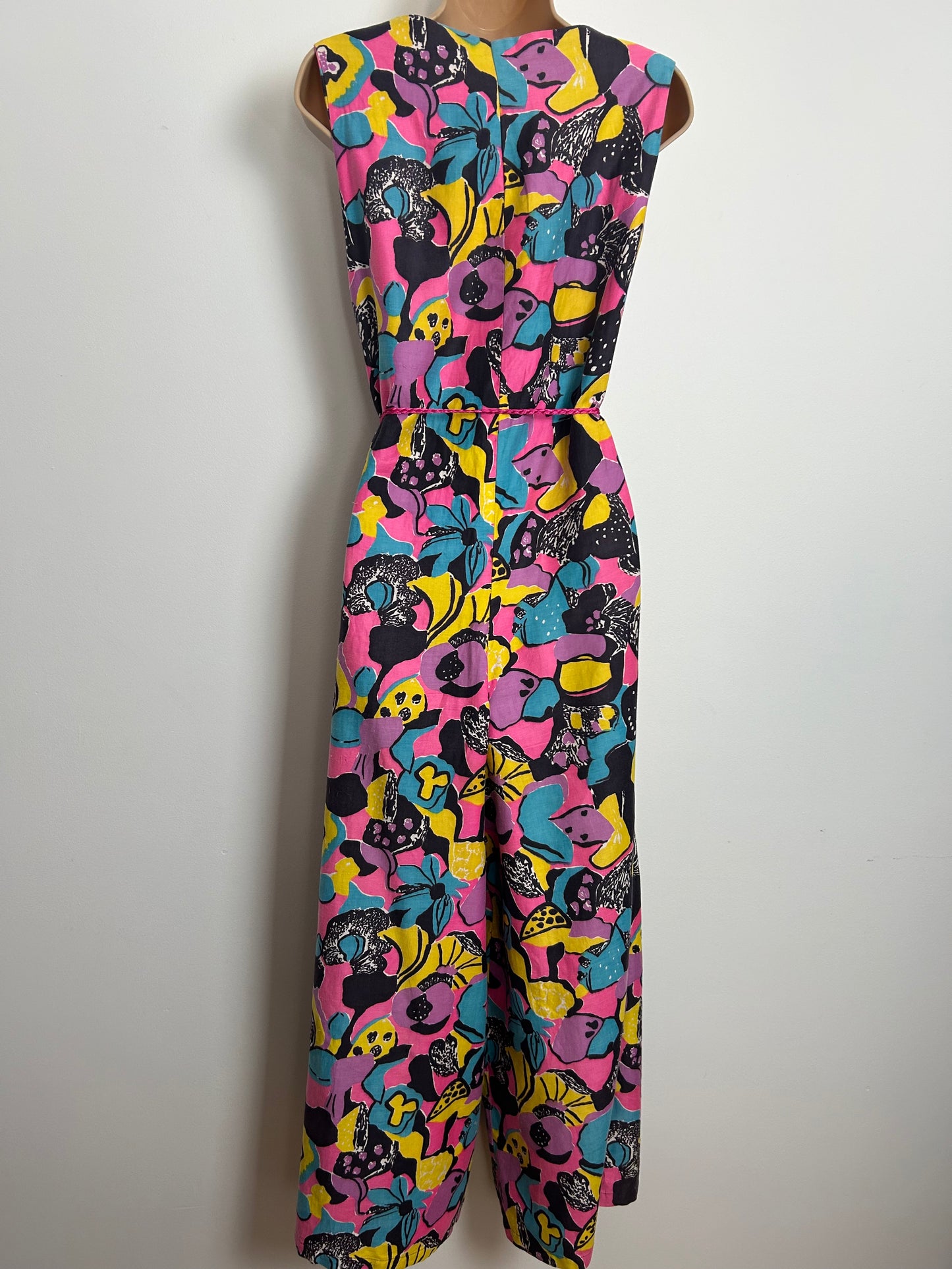 Vintage 1970s 12 Black Blue Yellow & Pink Psychedelic Floral Print Cotton Wide Leg Jumpsuit