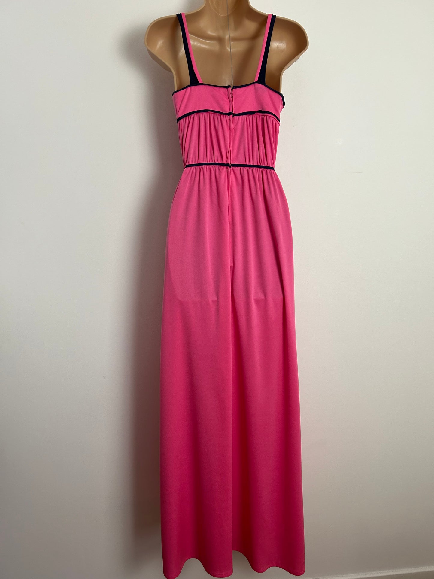 Vintage 1970s Size 6 Candy Pink & Navy Blue Trim Strappy Drape Sides Maxi Dress
