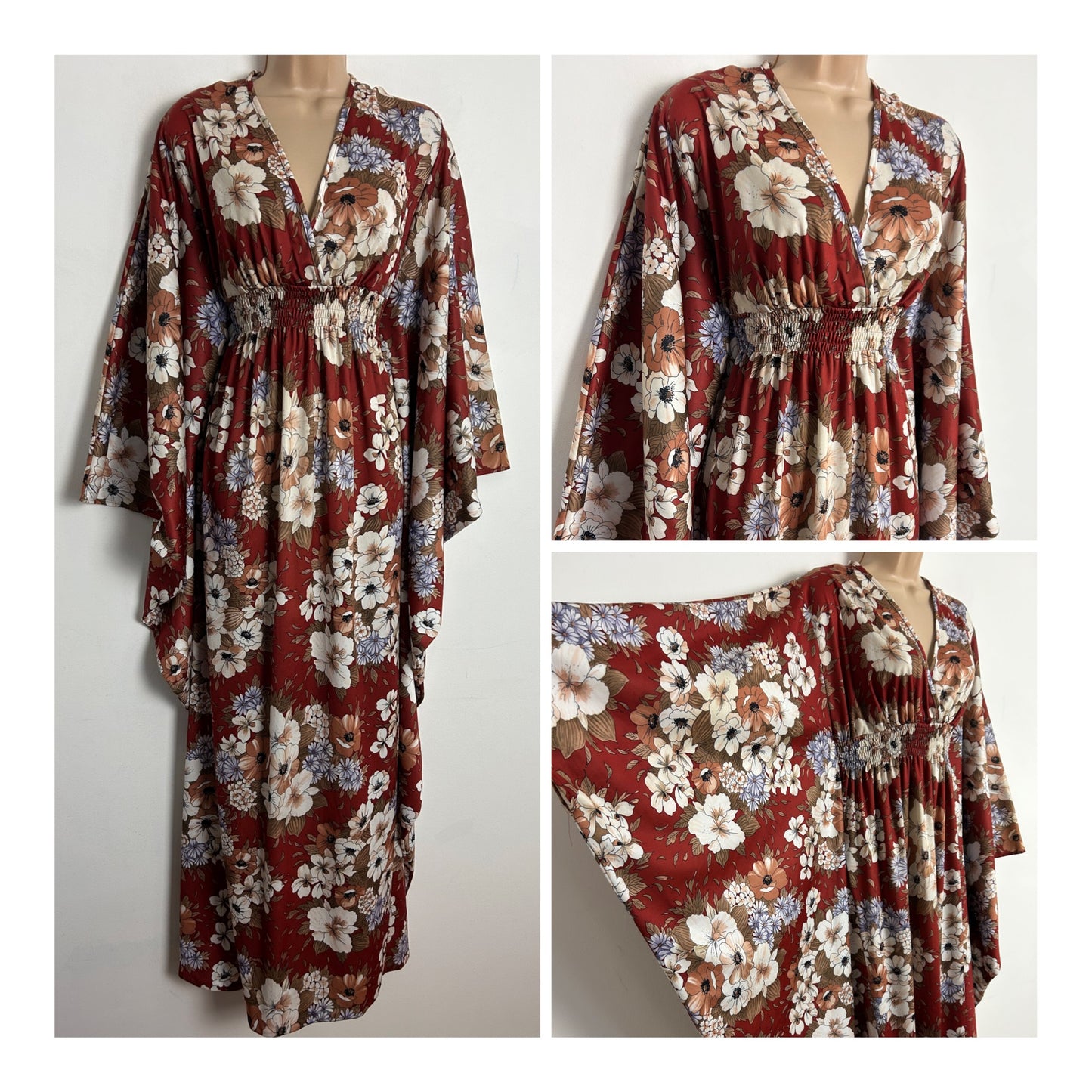 Vintage 1970s SYLVAN One Size Up To Size 12/14 Chestnut Brown Floral Print Wide Sleeve Kaftan Style Boho Maxi Dress