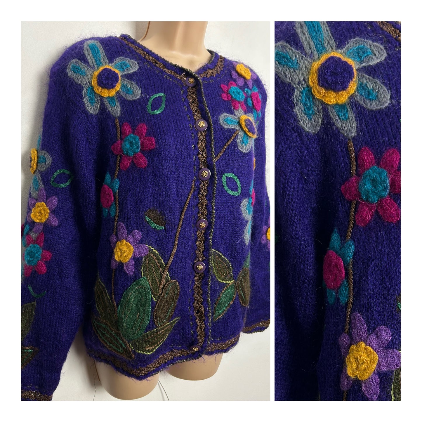 Vintage 1980s One Size Up To 14 Gorgeous Purple Mohair Mix Floral Wool Knit Long Sleeve Cardigan