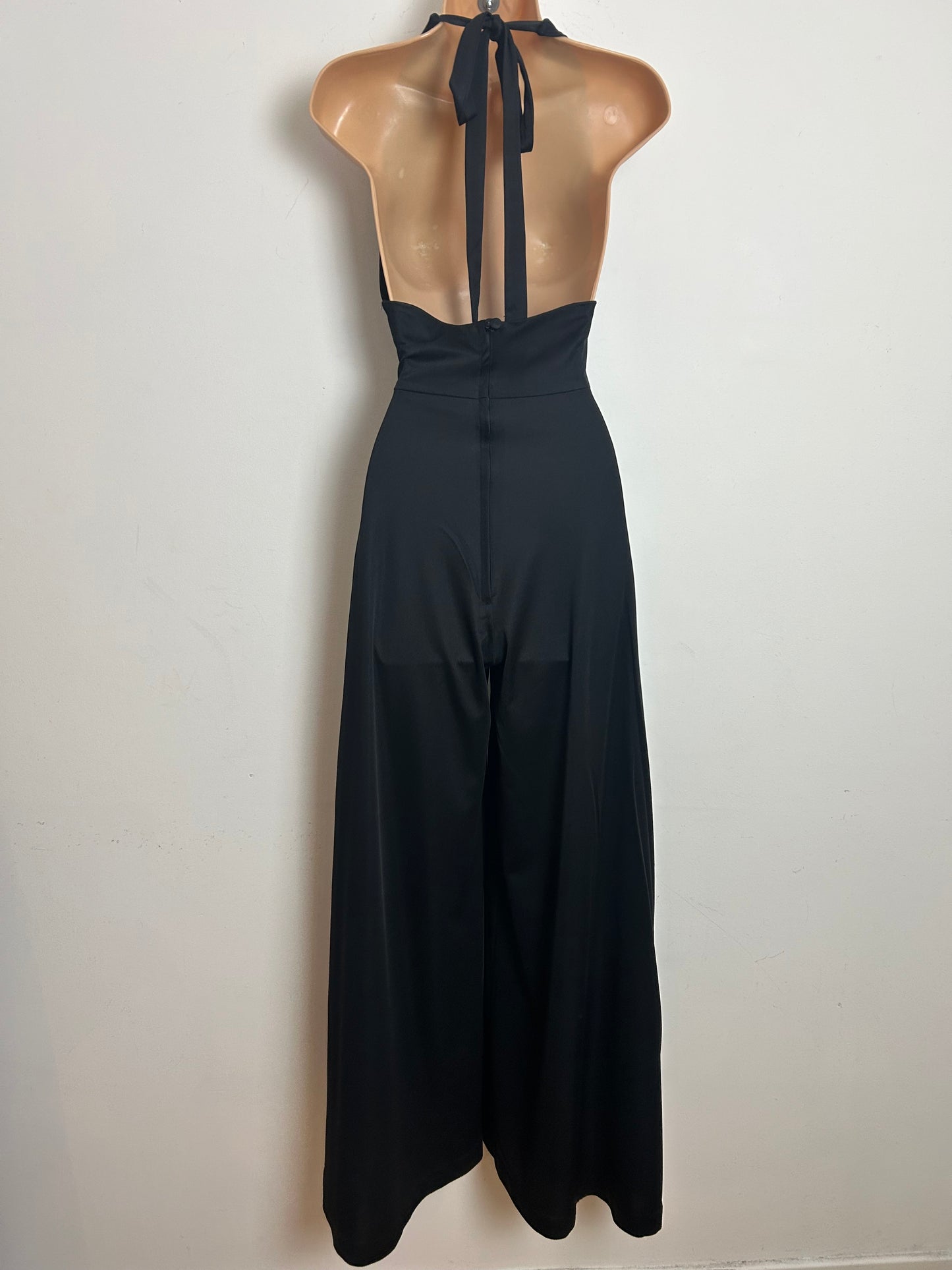 Vintage 1970s Size 4-6 Black Halter Neck Open Back Wide Leg Occasion Evening Jumpsuit