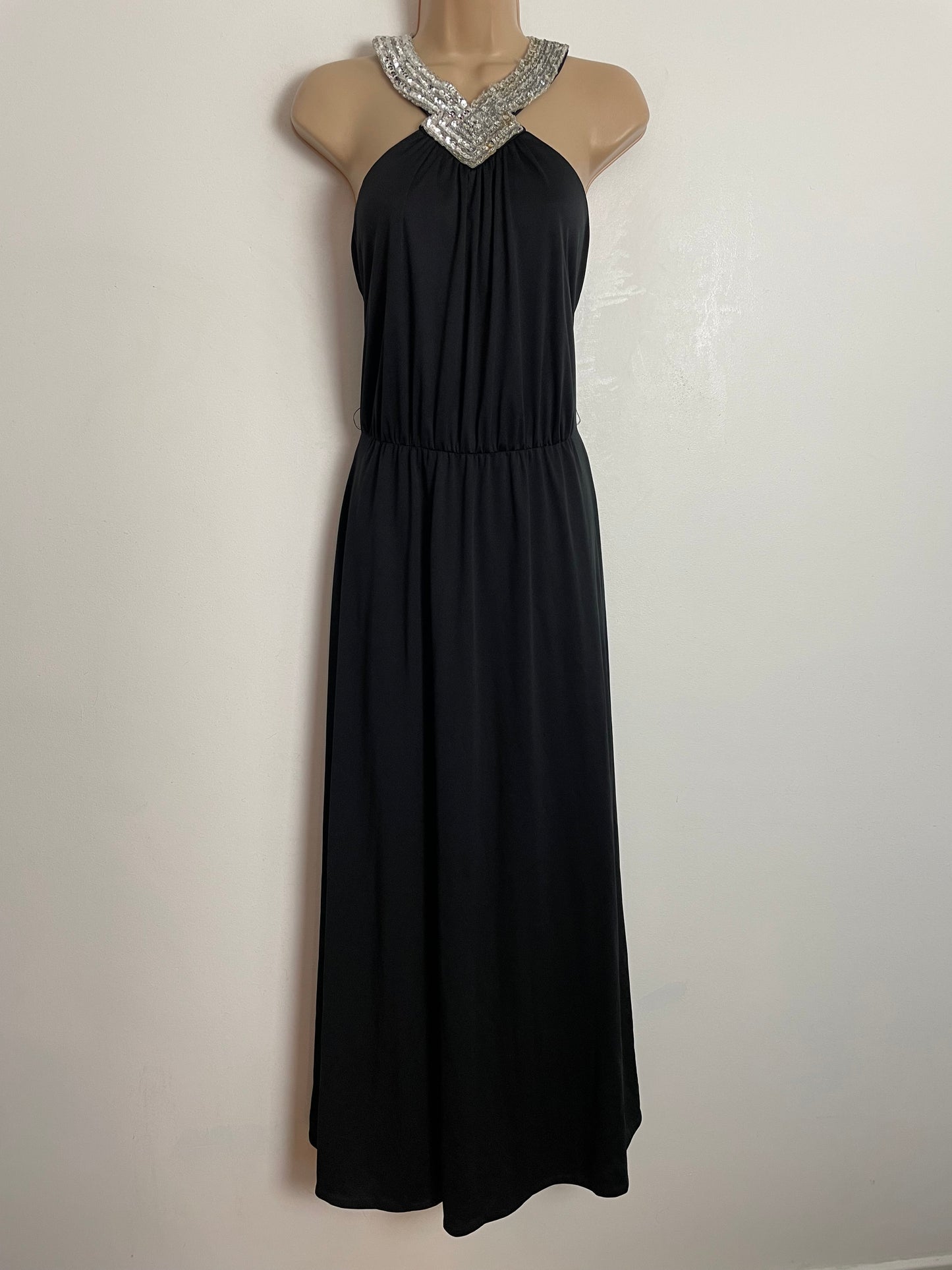 Vintage 1970s UK Size 10 Black Silver Sequin Halterneck Cage Back Evening Maxi Dress