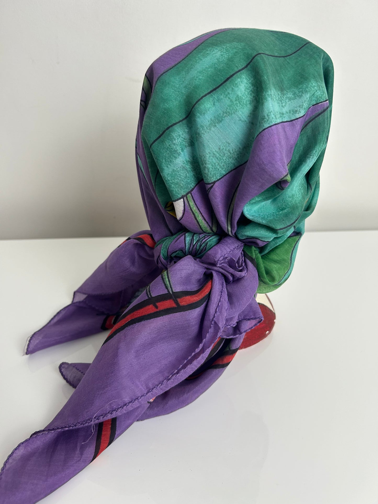 Vintage Purple Yellow & Green Floral Leaf & Bird Print Scarf 88cm x 90cm