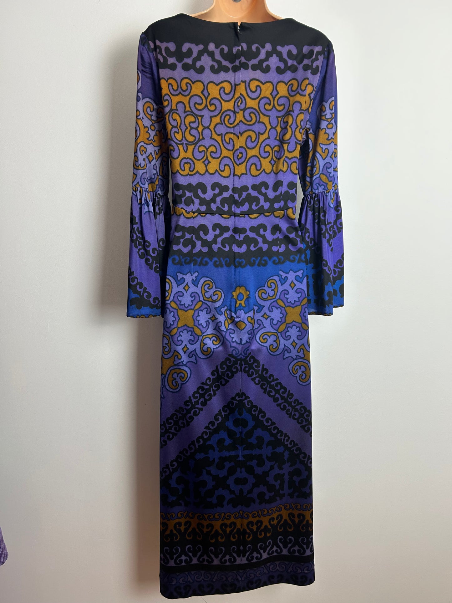 Vintage 1970s SIDGREENE OF LONDON Size 12 Mauve Blue & Dark Gold Abstract Long Sleeve Split Cuff Maxi Dress