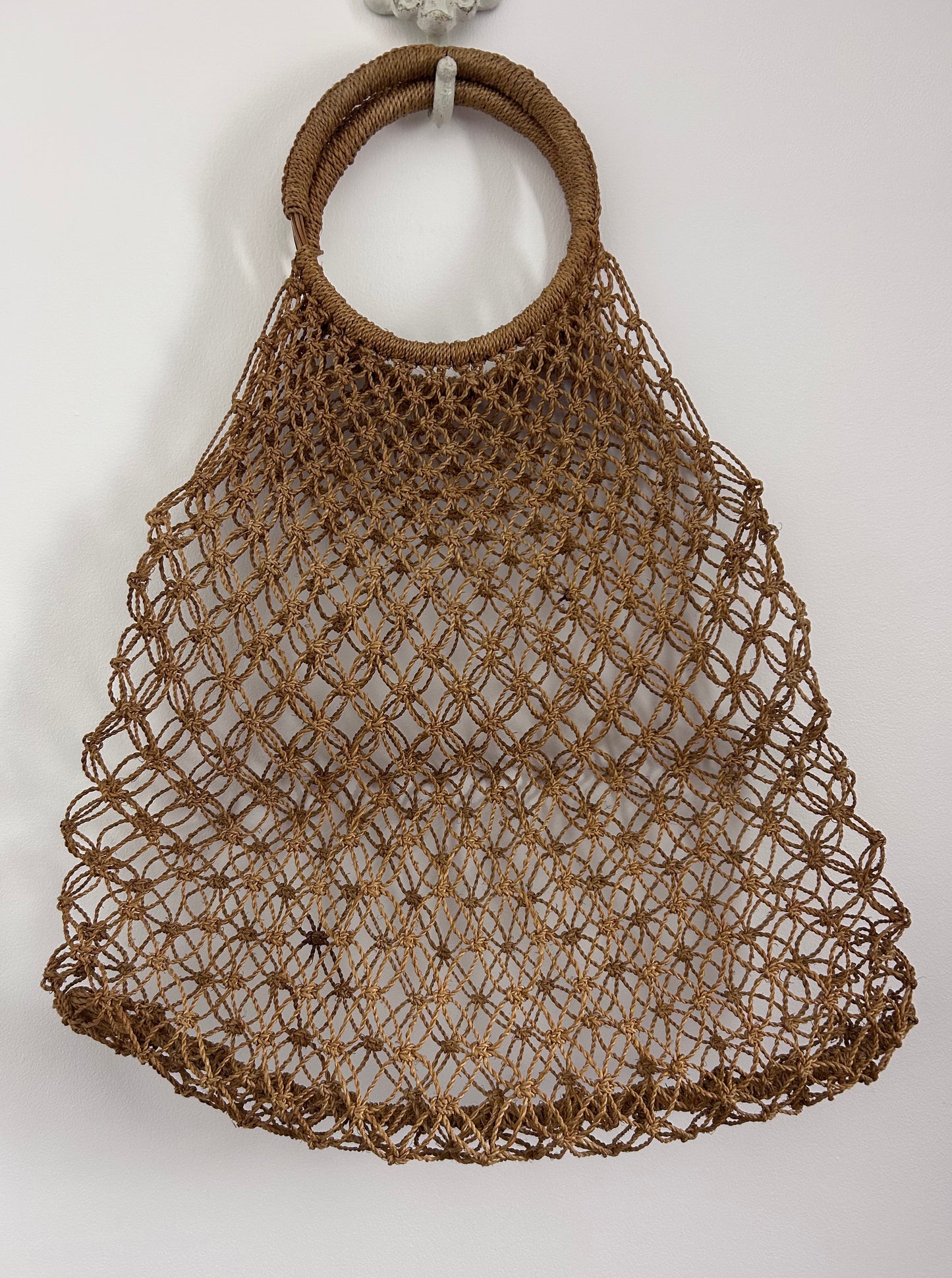 Vintage 1970s Tan Brown String Macrame Woven Shopping Bag With Twine Covered Handles