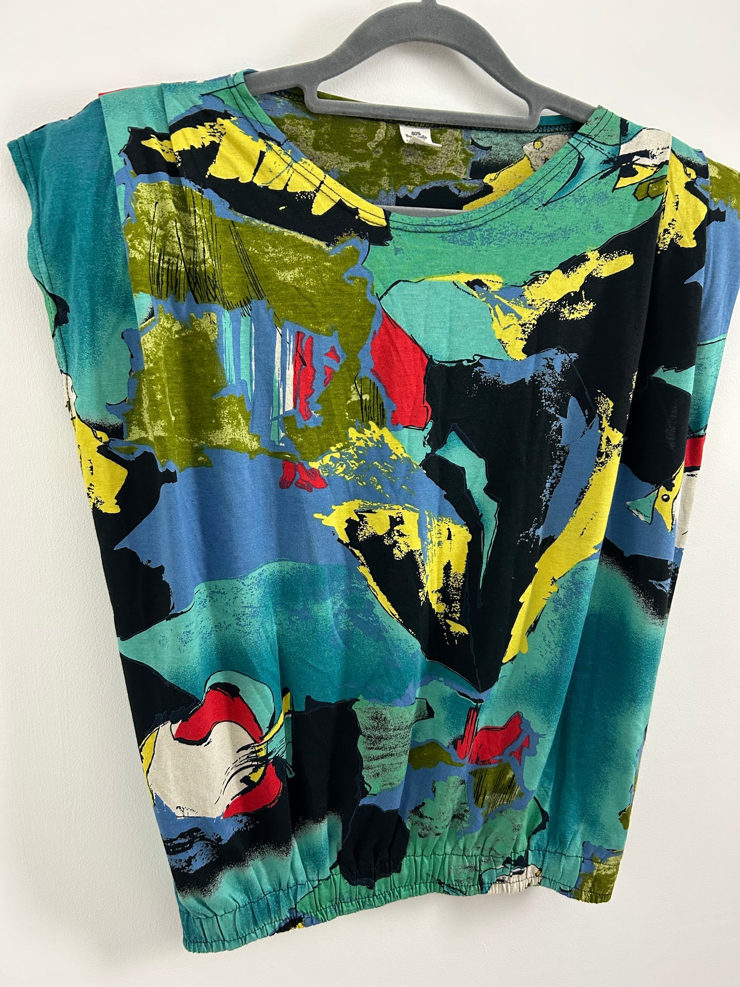 Vintage 1980s Size 14 Green Blue Black & Red Abstract Fish Print Cotton Mix Top