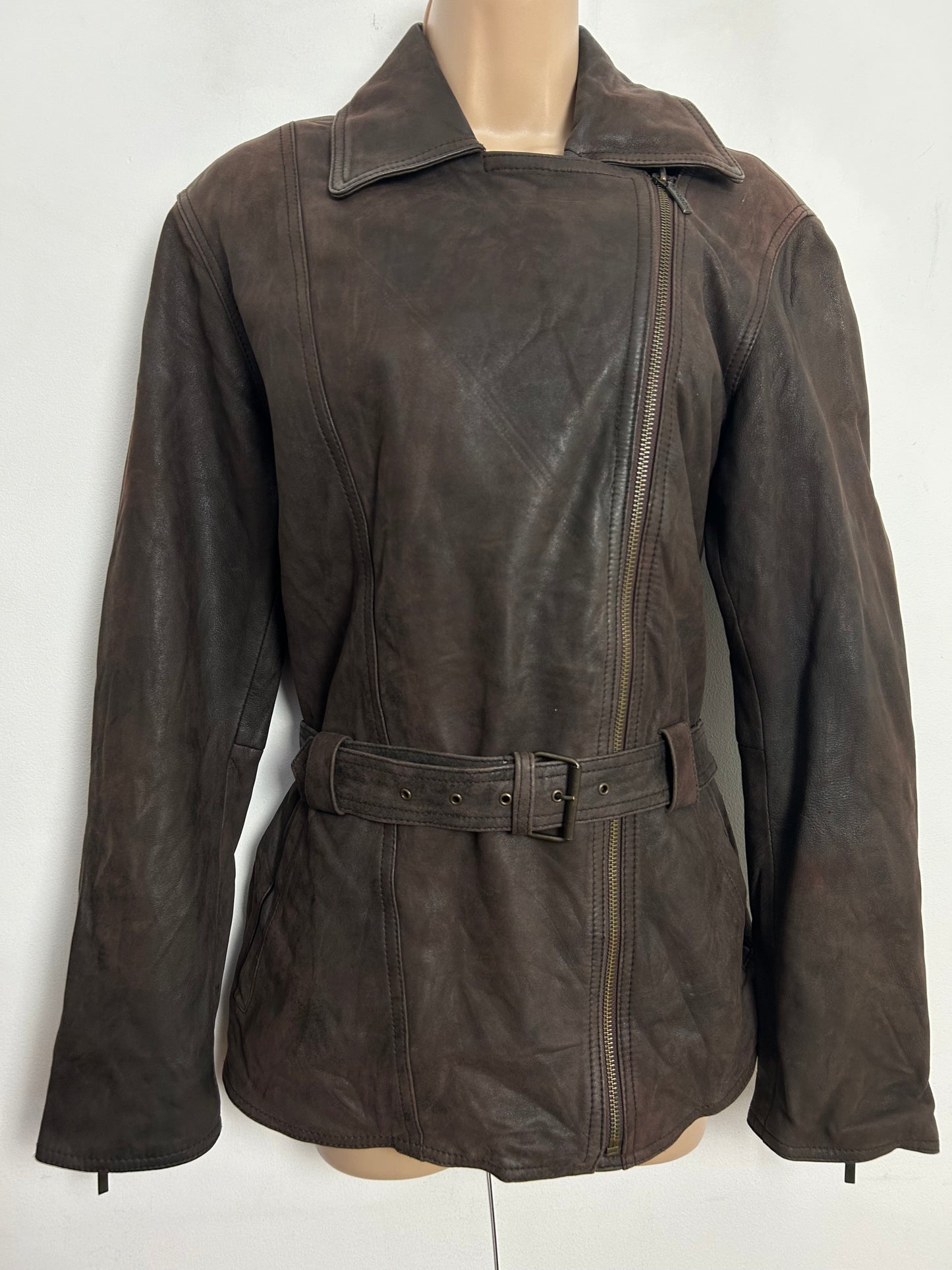 Vintage 1980s MADDOX Approx UK Size 12-14 Brown Zip Fronted Belted Leather Jacket
