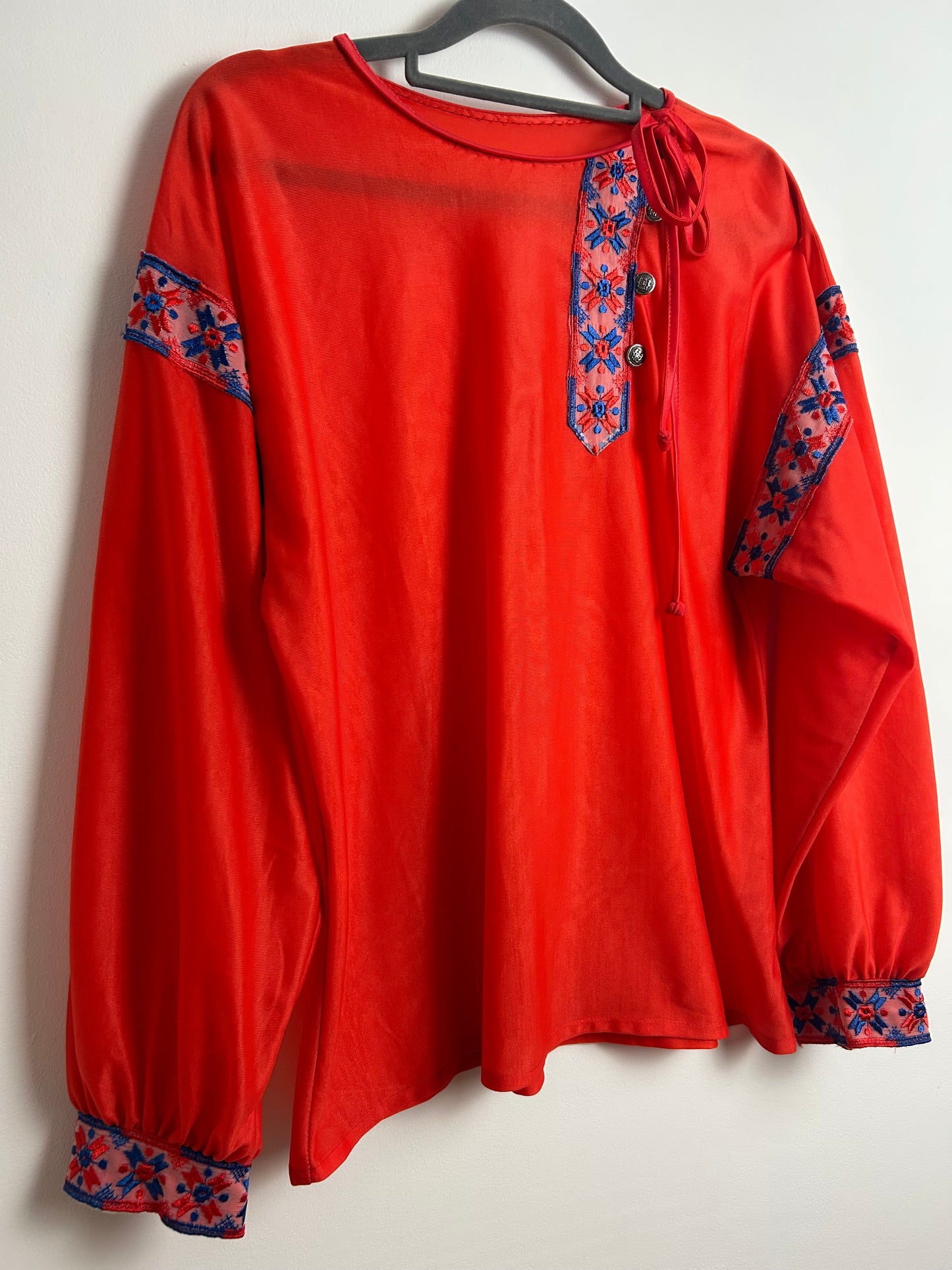 Vintage 1970s Size 12-14 Red Nylon Long Sleeve Embroidered Braid Detail Boho Top