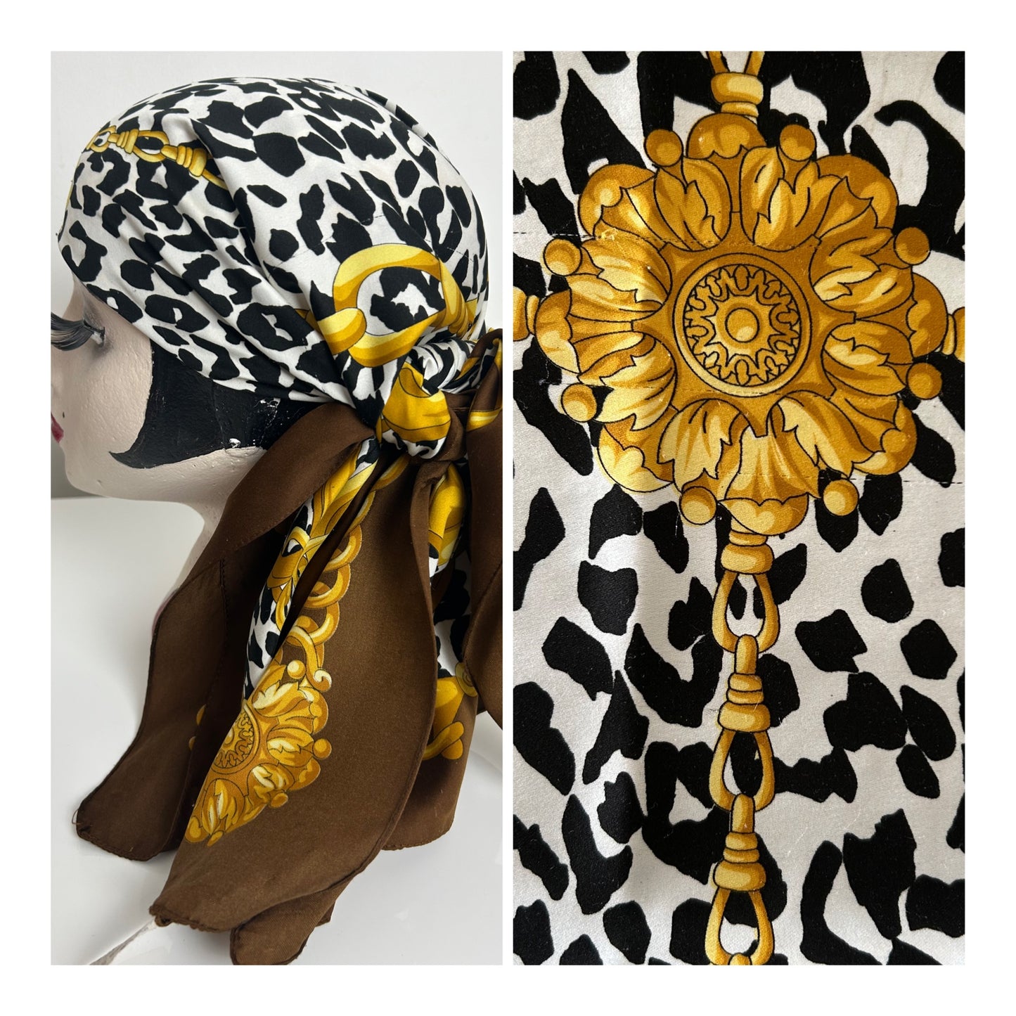 Vintage Made In Italy Brown Black White & Gold Leopard Animal & Chain Print Scarf 88cm x 90cm