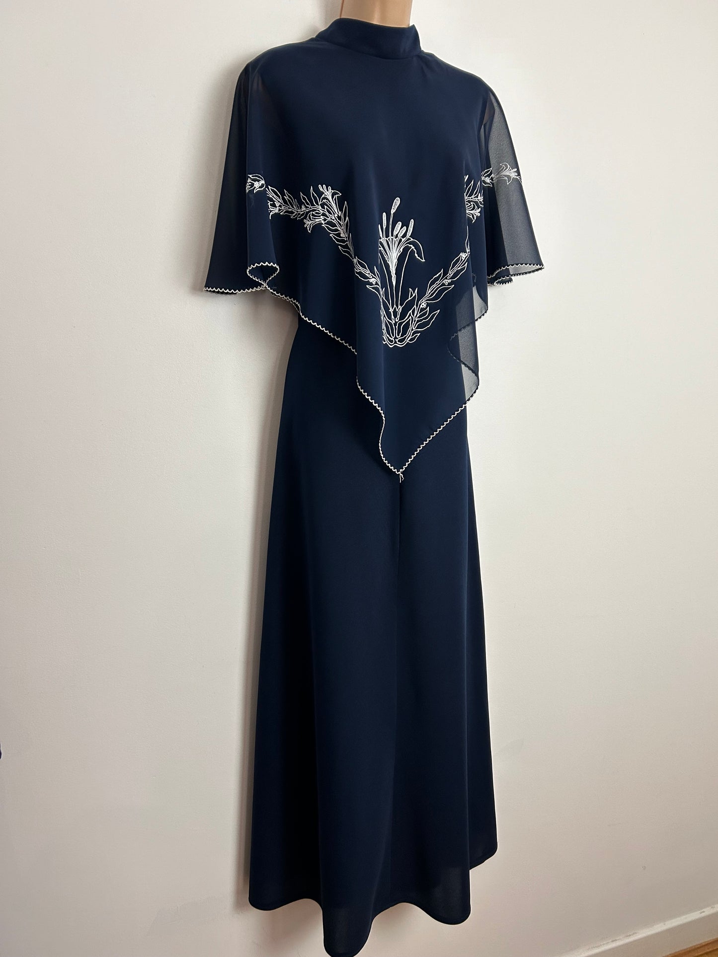 Vintage 1970s UK Size 14 Navy Blue Cape Sleeve Floral Pattern Boho Maxi Dress