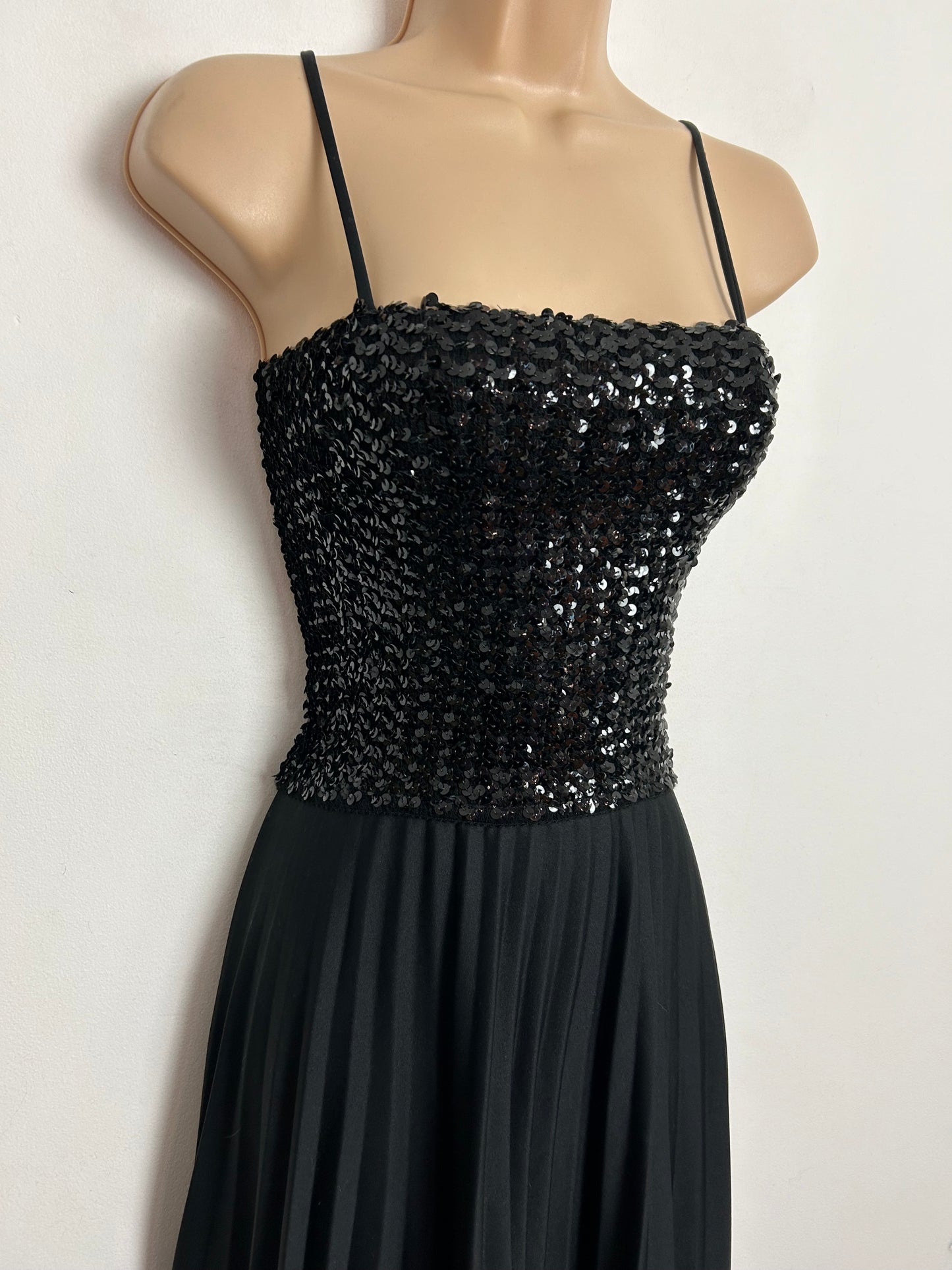 Vintage 1970s YOLENE Up To Size 10 Black Sequin Bodice Strappy Pleated Evening Maxi Dress