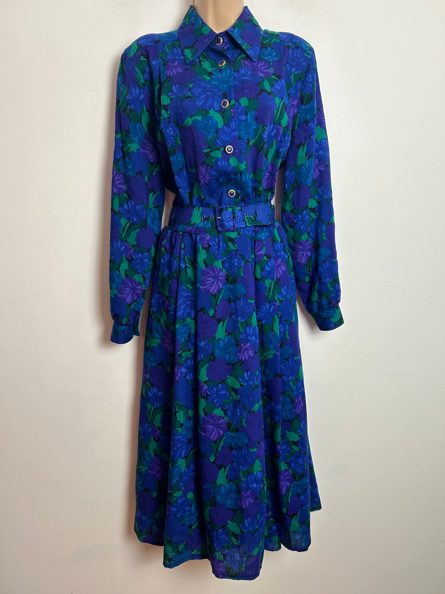 Vintage 1980s MARIAN DONALDSON UK Size 14 Blue Purple & Green Floral Print 100% Wool Belted Day Dress
