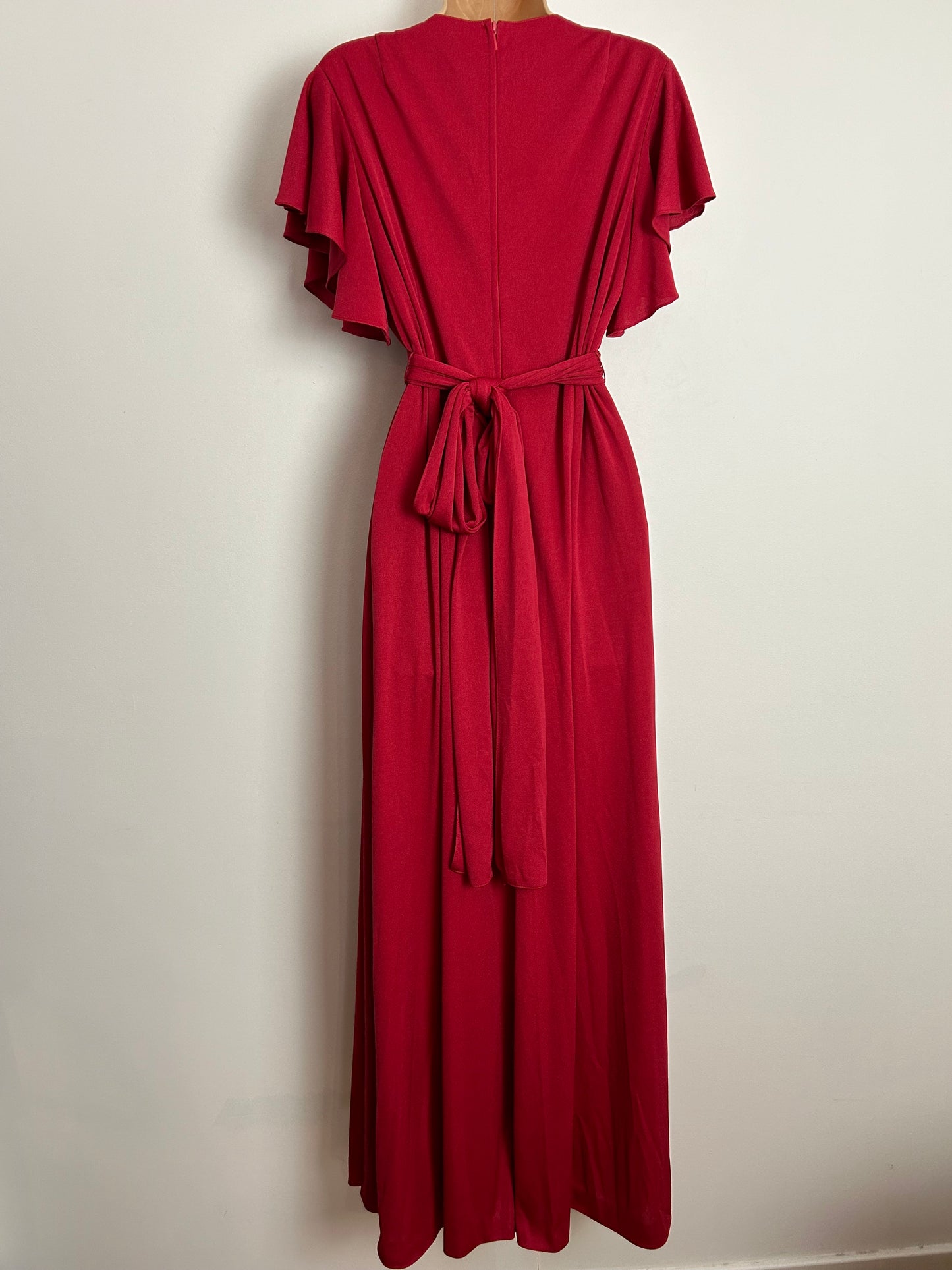 Vintage 1970s UK Size 16 Red Short Flutter Sleeve Mock Wrap Tie Back Boho Maxi Dress