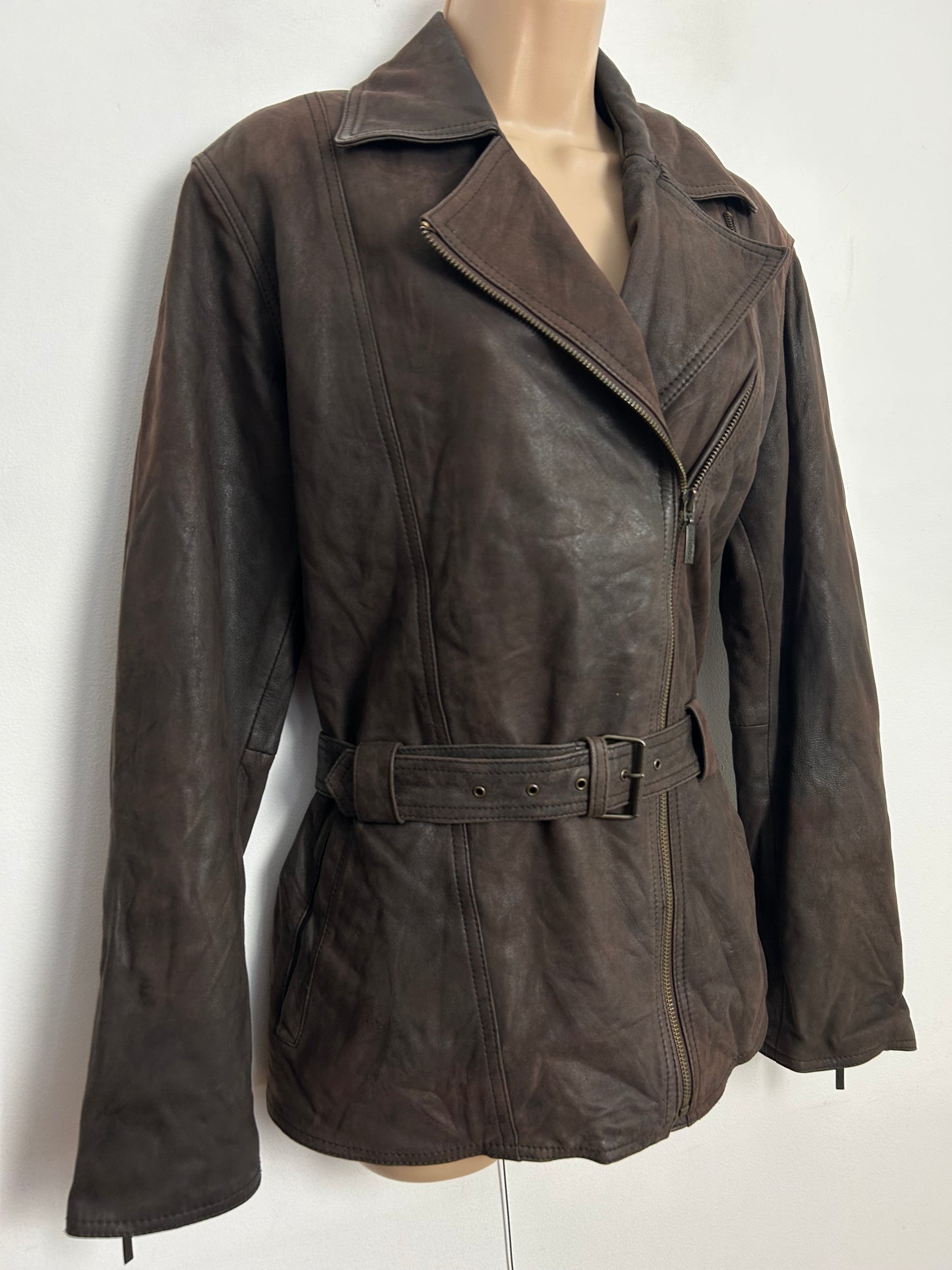 Vintage 1980s MADDOX Approx UK Size 12-14 Brown Zip Fronted Belted Leather Jacket