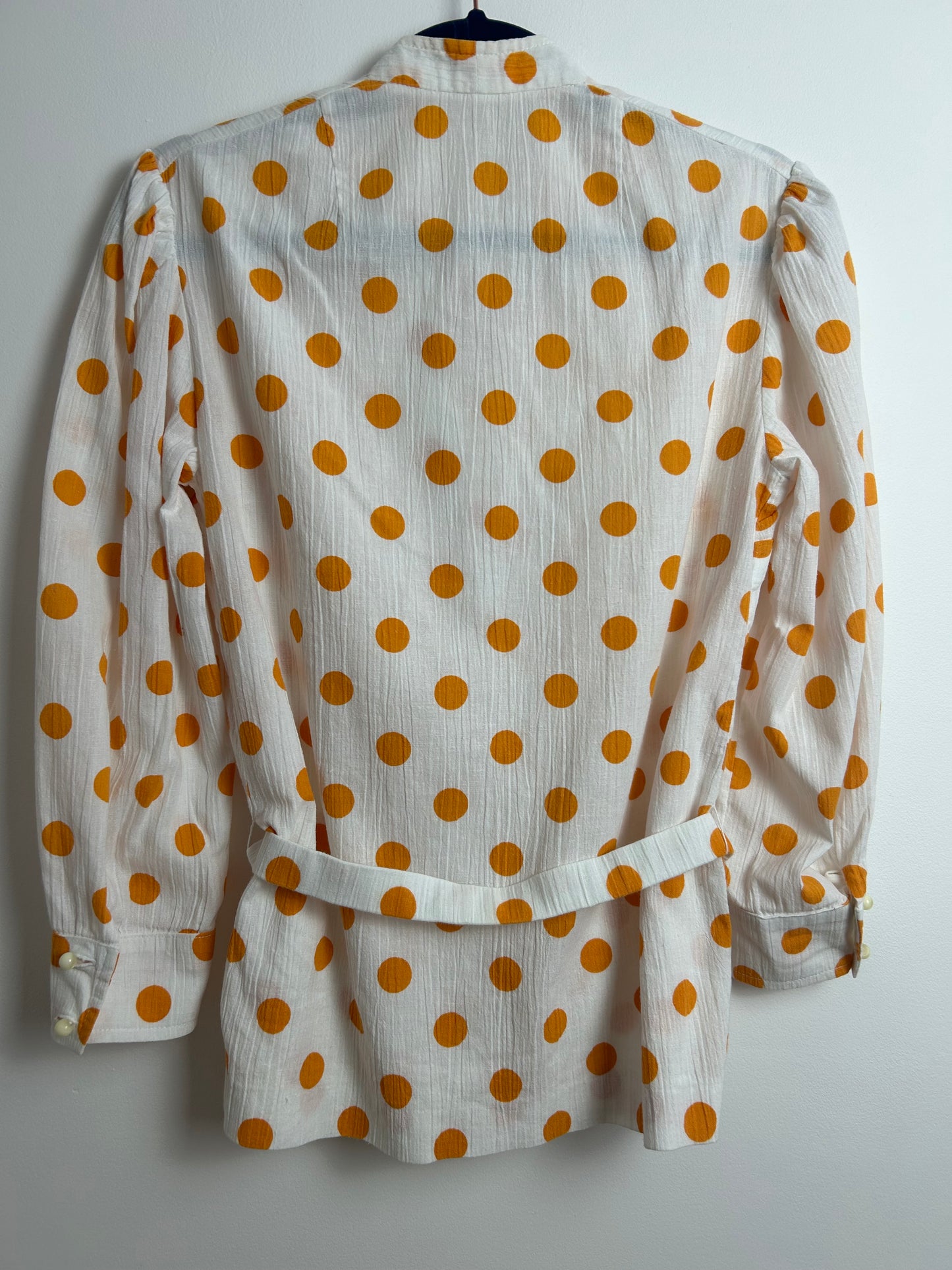 Vintage 1980s Size 12 White & Orange Polka Dot Cheesecloth Cotton Long Sleeve 40’s Style Belted Blouse