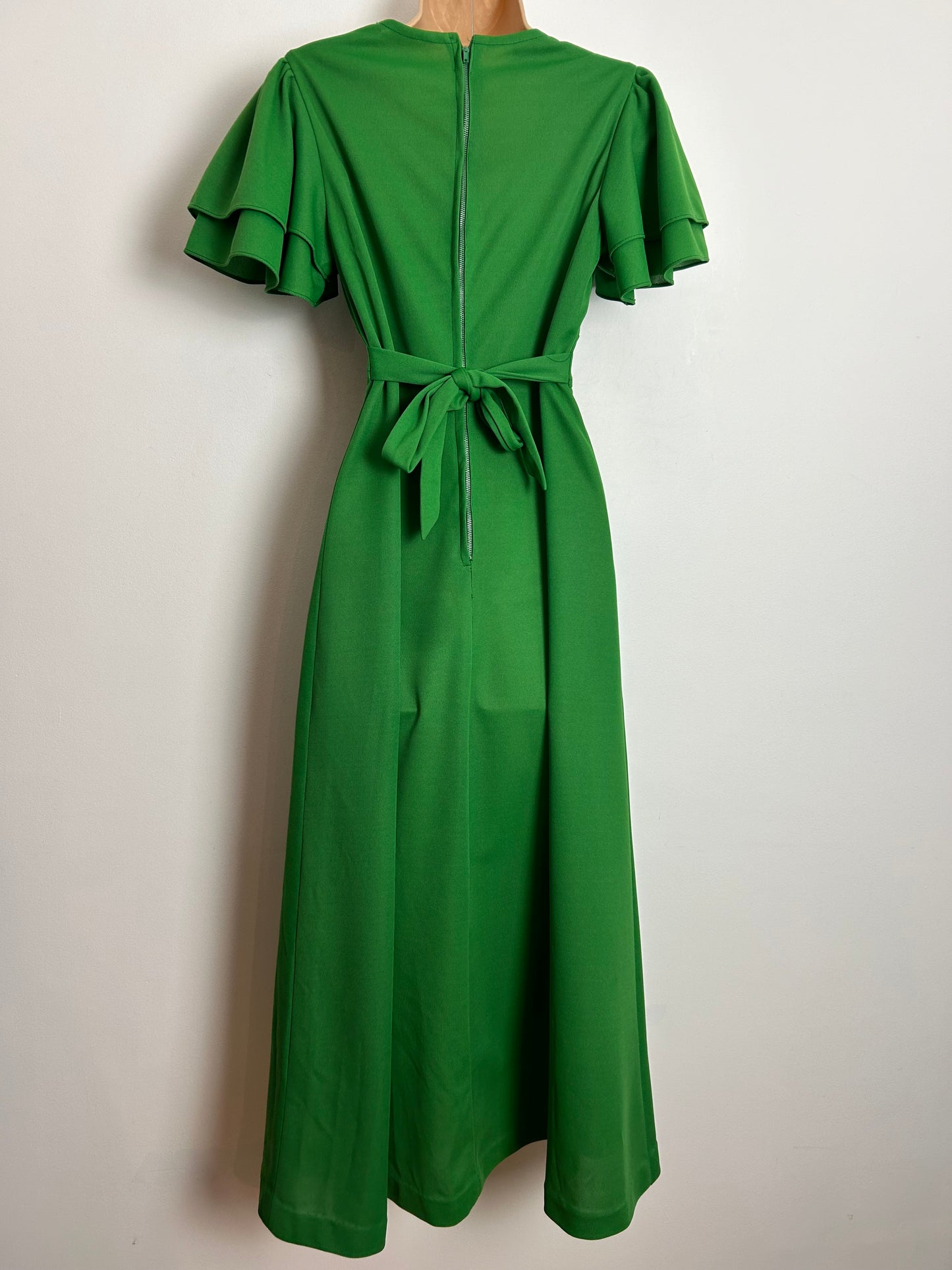 Vintage 1970s UK Size 10 Green Sequin Detail Short Layered Flared Sleeve Tie Back Boho Maxi Dress
