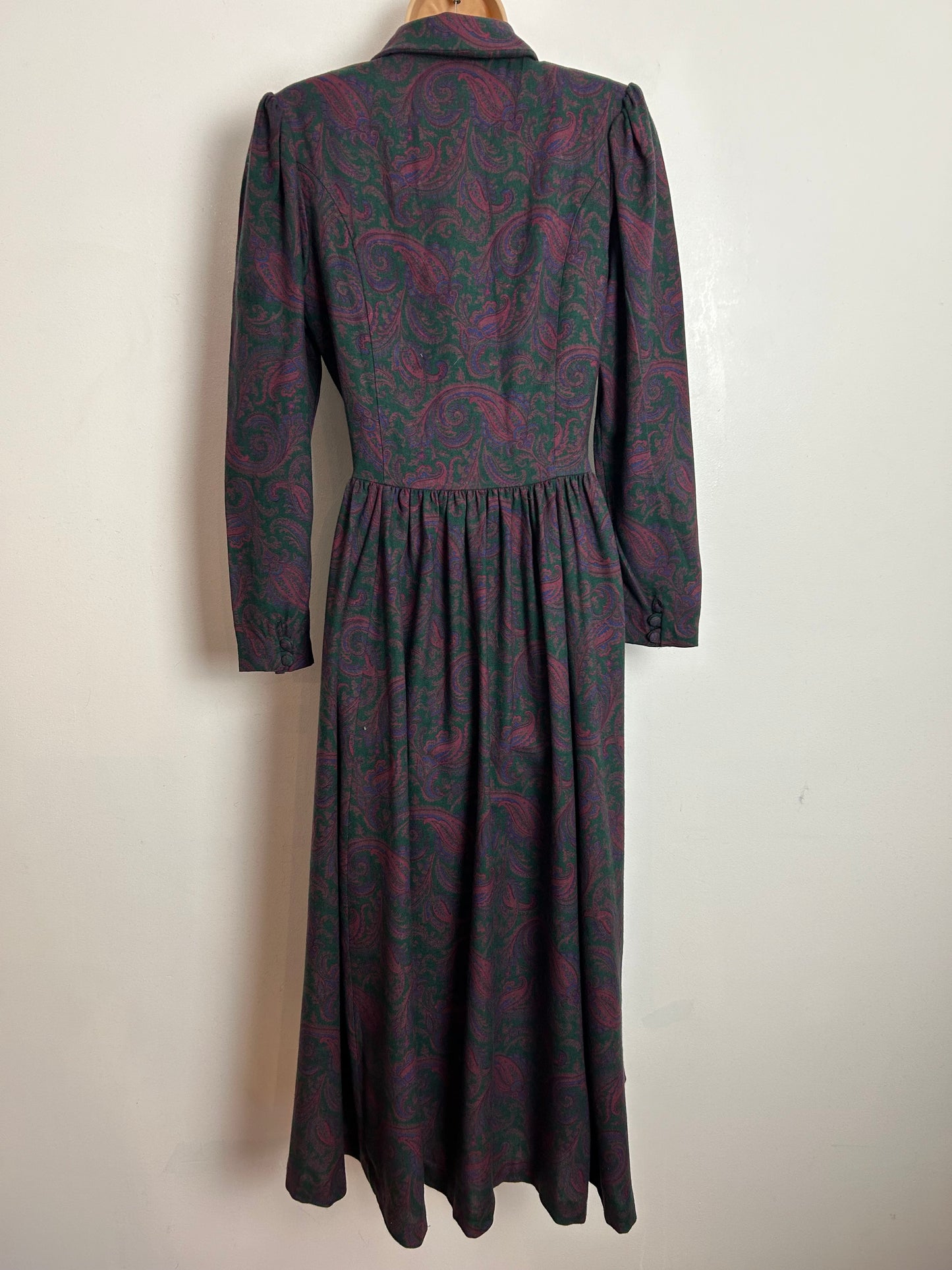 Vintage 80s LAURA ASHLEY UK 8-10 (Size 10 On Label) Very Dark Pink & Dark Green Floral Paisley Wool Mix Day Dress