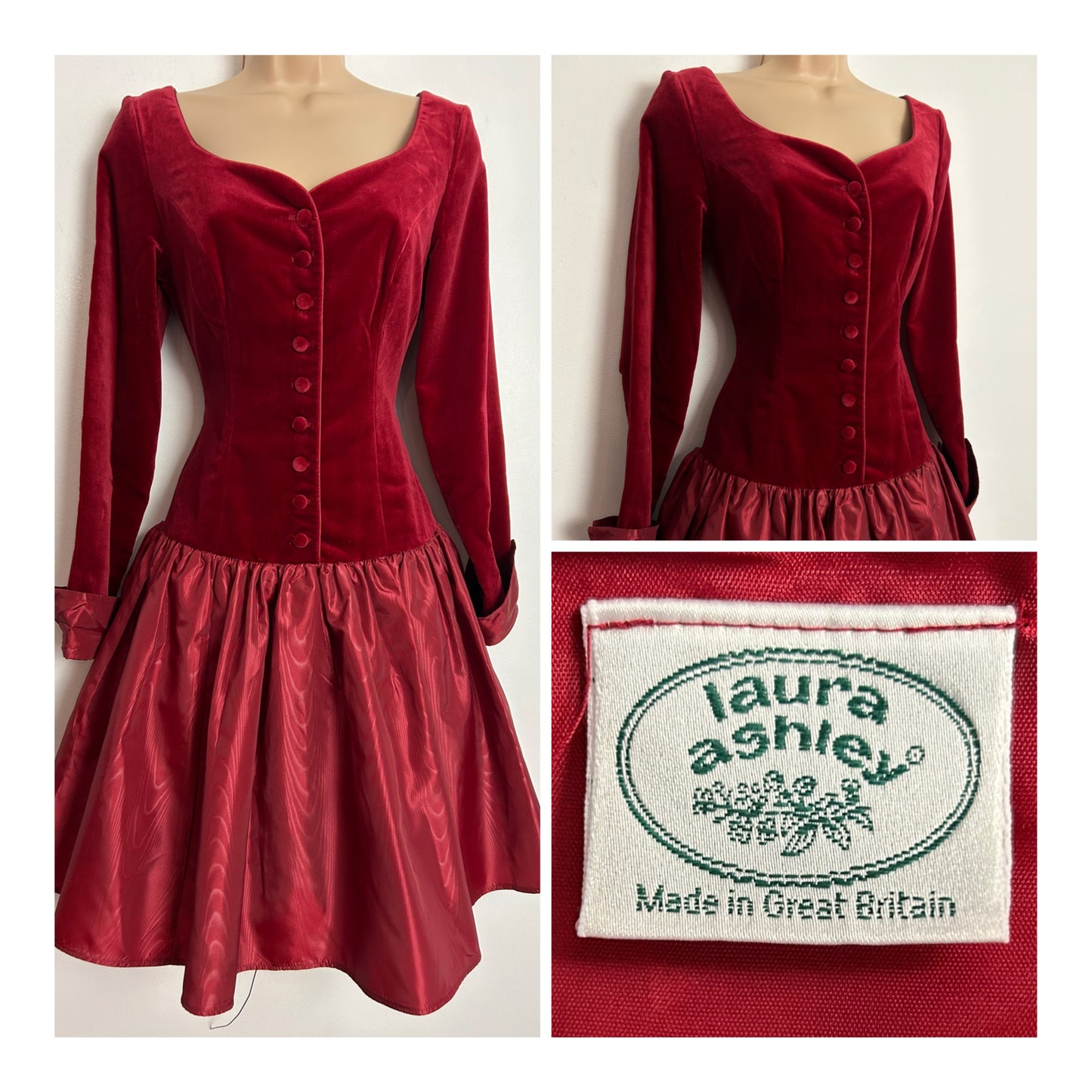 Vintage 1980s LAURA ASHLEY UK Size 6/8 (UK Size 10 On Label) Red Velvet & Moire Acetate Xmas Party Prom Dress