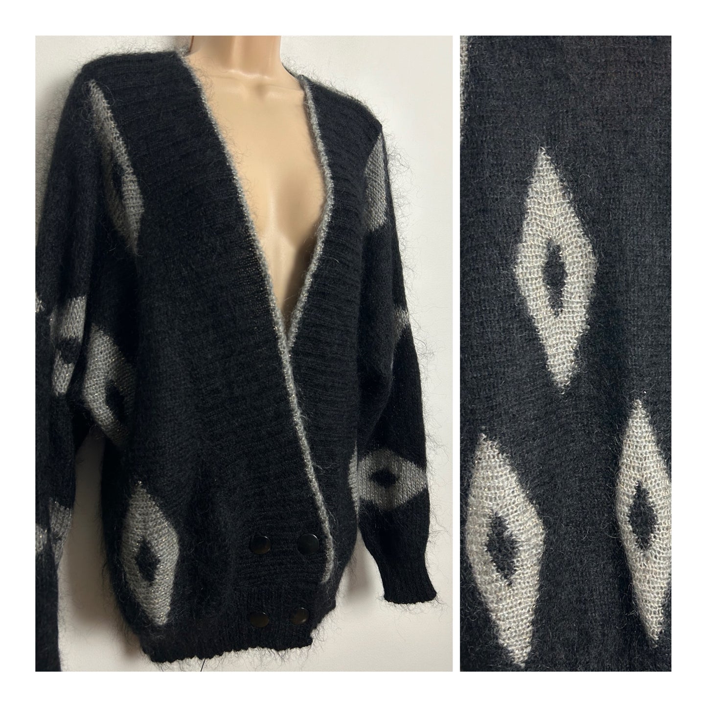 Vintage 1980s Up To Size 14/16 Black & Silvery Grey Mohair Mix Long Sleeve Slouchy Cardigan
