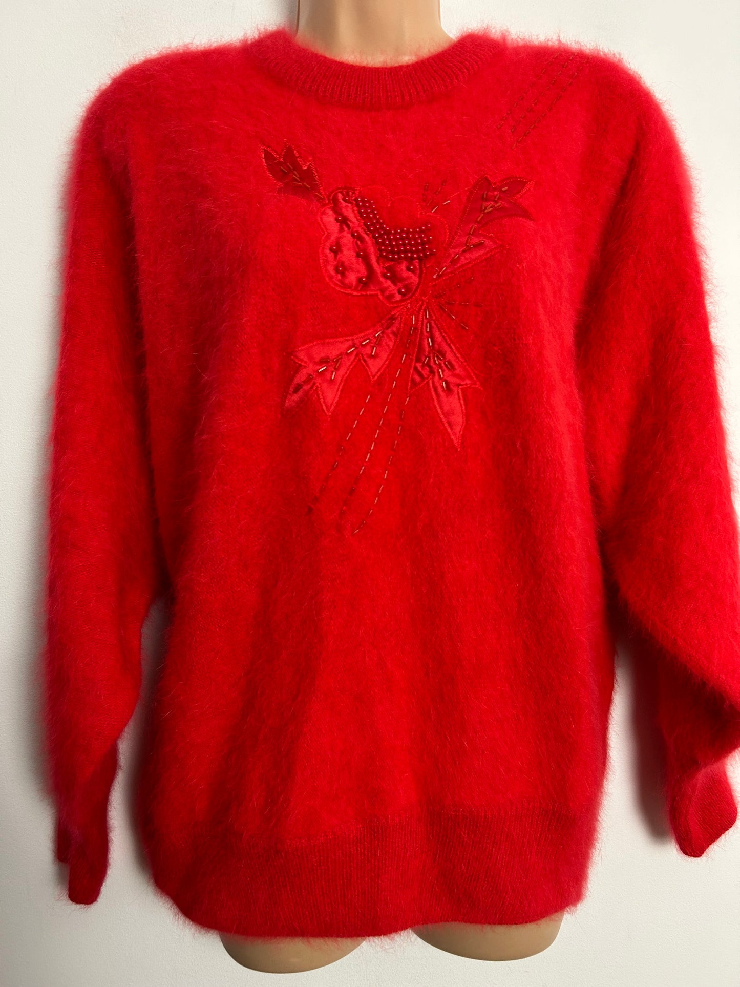Vintage 1980s Size Large Super Soft Red Fluffy Angora Mix Applique & Bead Mix Jumper