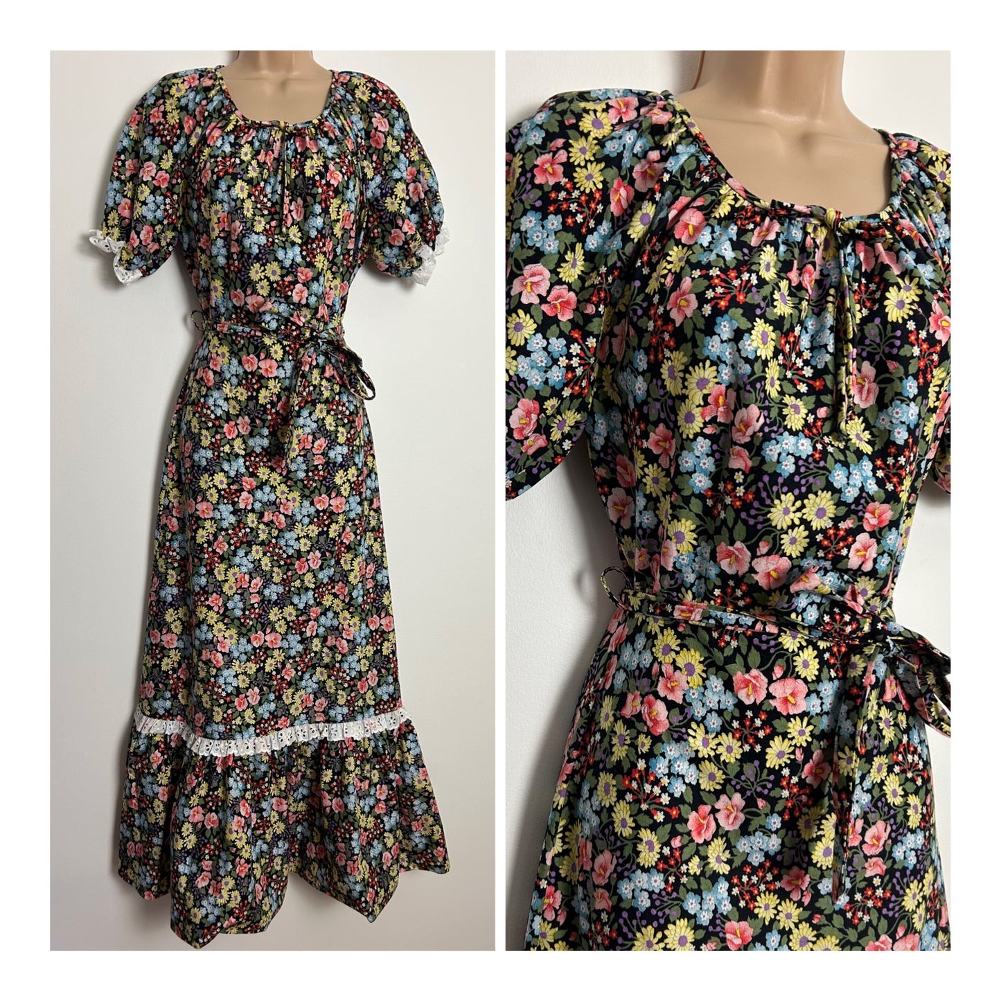 Vintage 1970s DENISE UK Size 8 Pretty Black Pink Lemon & Blue Mixed Floral Print Cotton Prairie Boho Maxi Dress