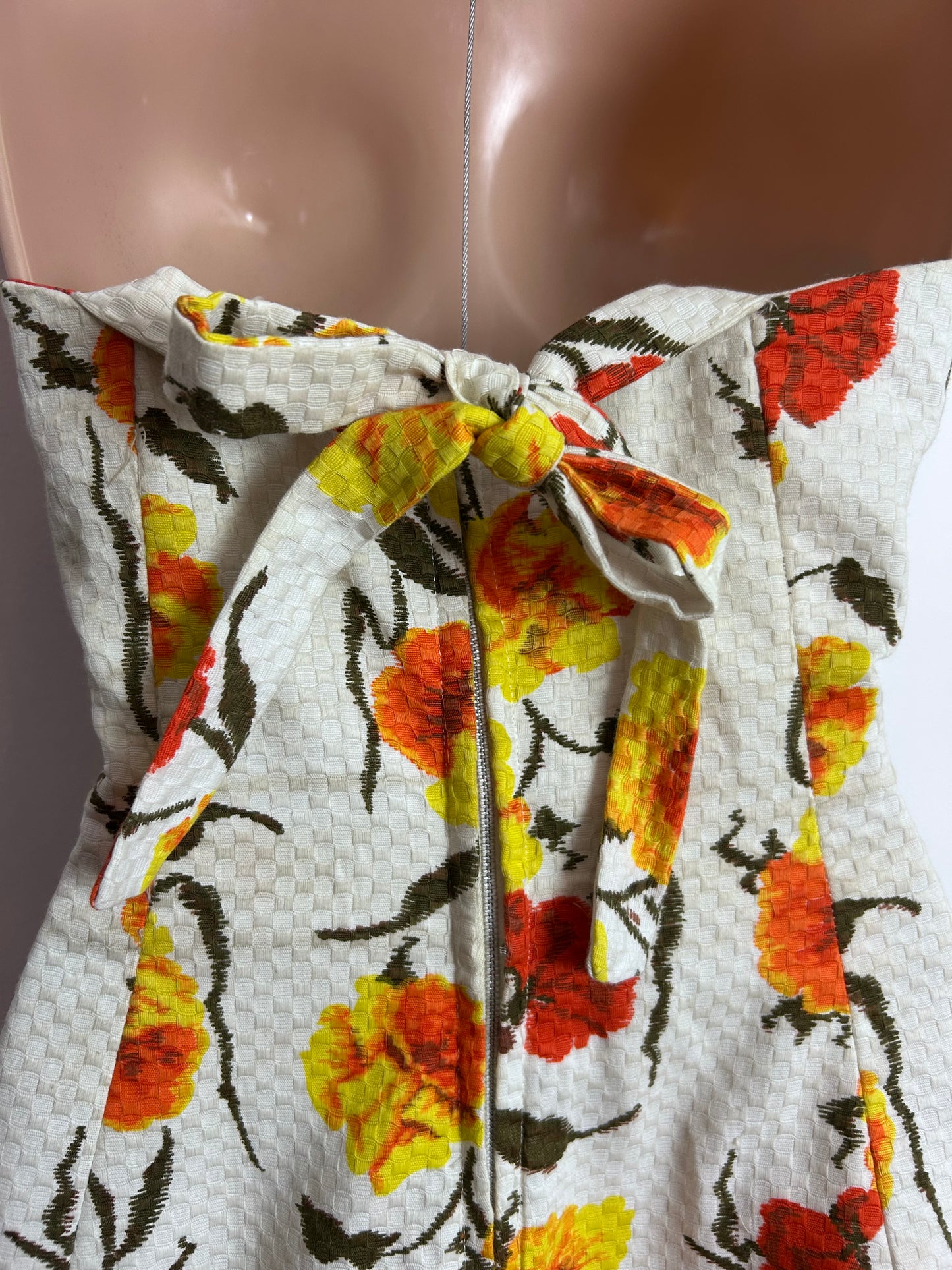 Vintage 1950s RICCI MICHAELS MAYFAIR Size 6-8 Off White Orange & Yellow Floral Print Strapless Boned Prom Dress