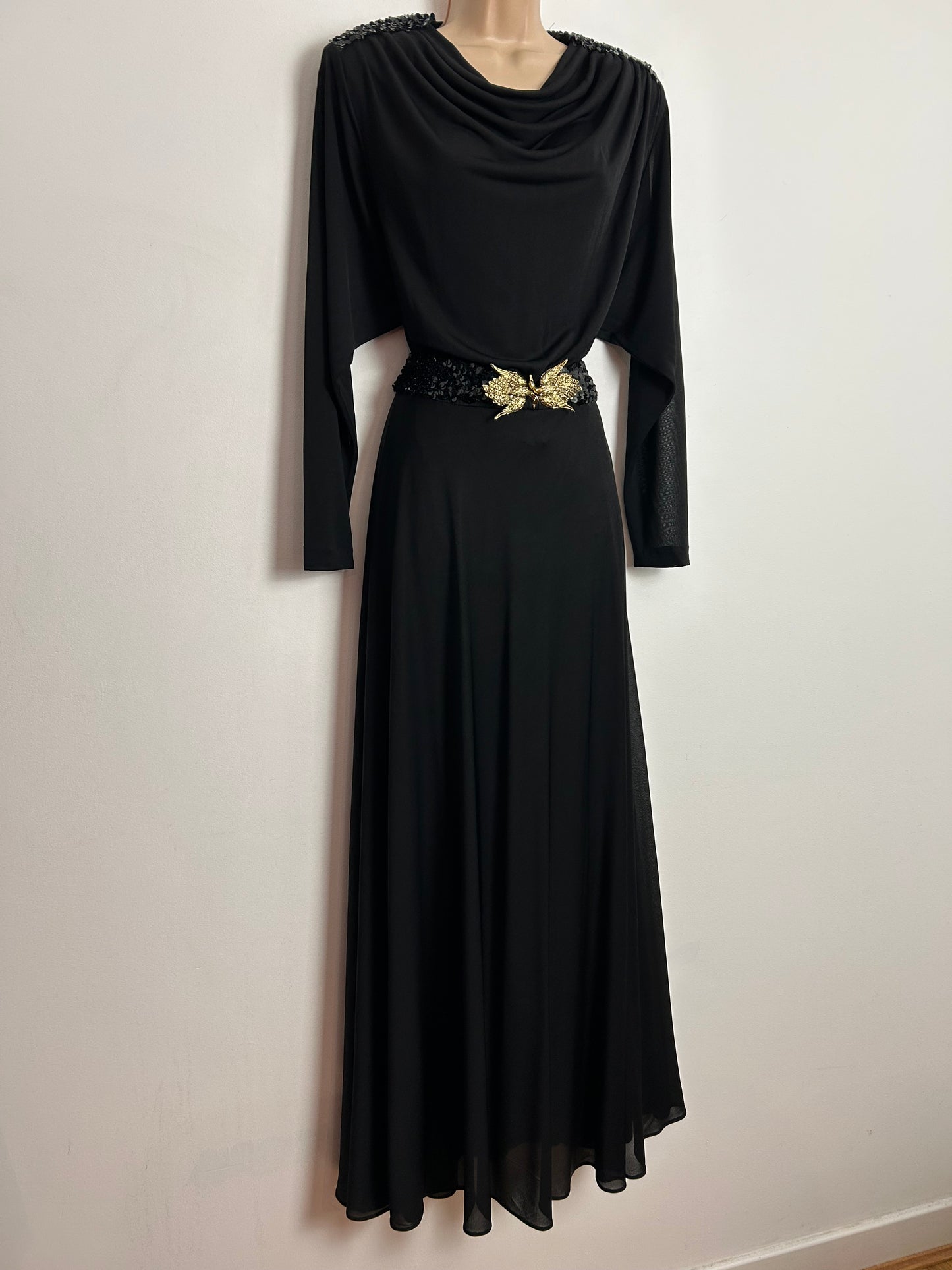 Vintage Early 1980s FINK UK Size 10-12 Black Sequin Detail Cowl Neck Belted Occasion Evening Maxi Dress With Fab Bird Buckle