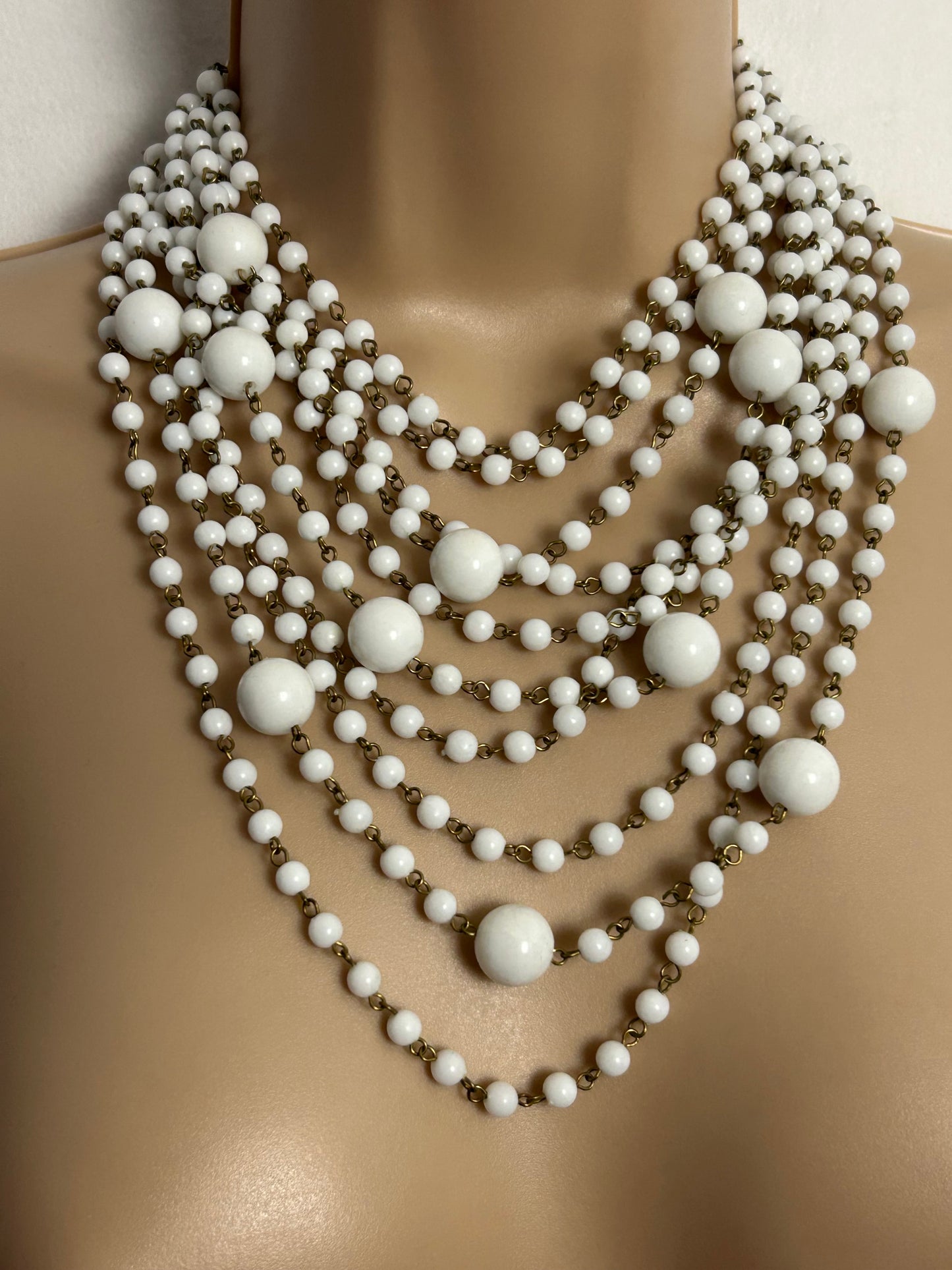 Vintage 1960s White Plastic Bead Ten Strand Statement Necklace (Hong Kong)