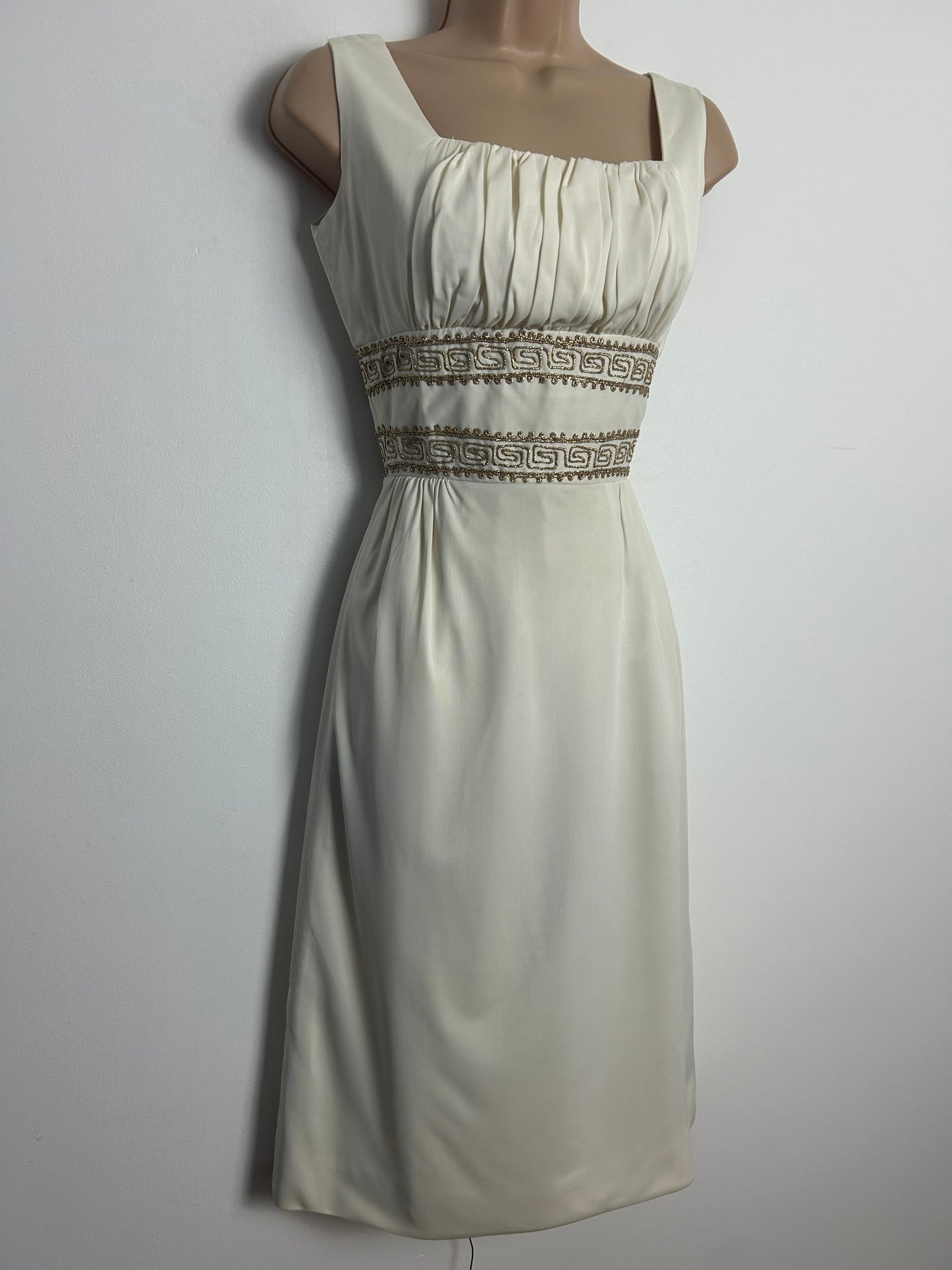 Vintage Early 1960s BLANES Size 6-8 Cream & Gold Greek Key Braid Pattern Summer Occasion Party Dress