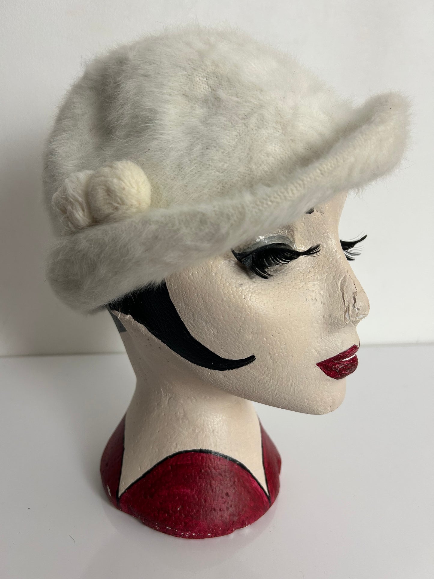 Vintage Cute Cream Angora Mix Bobble Detail Hat