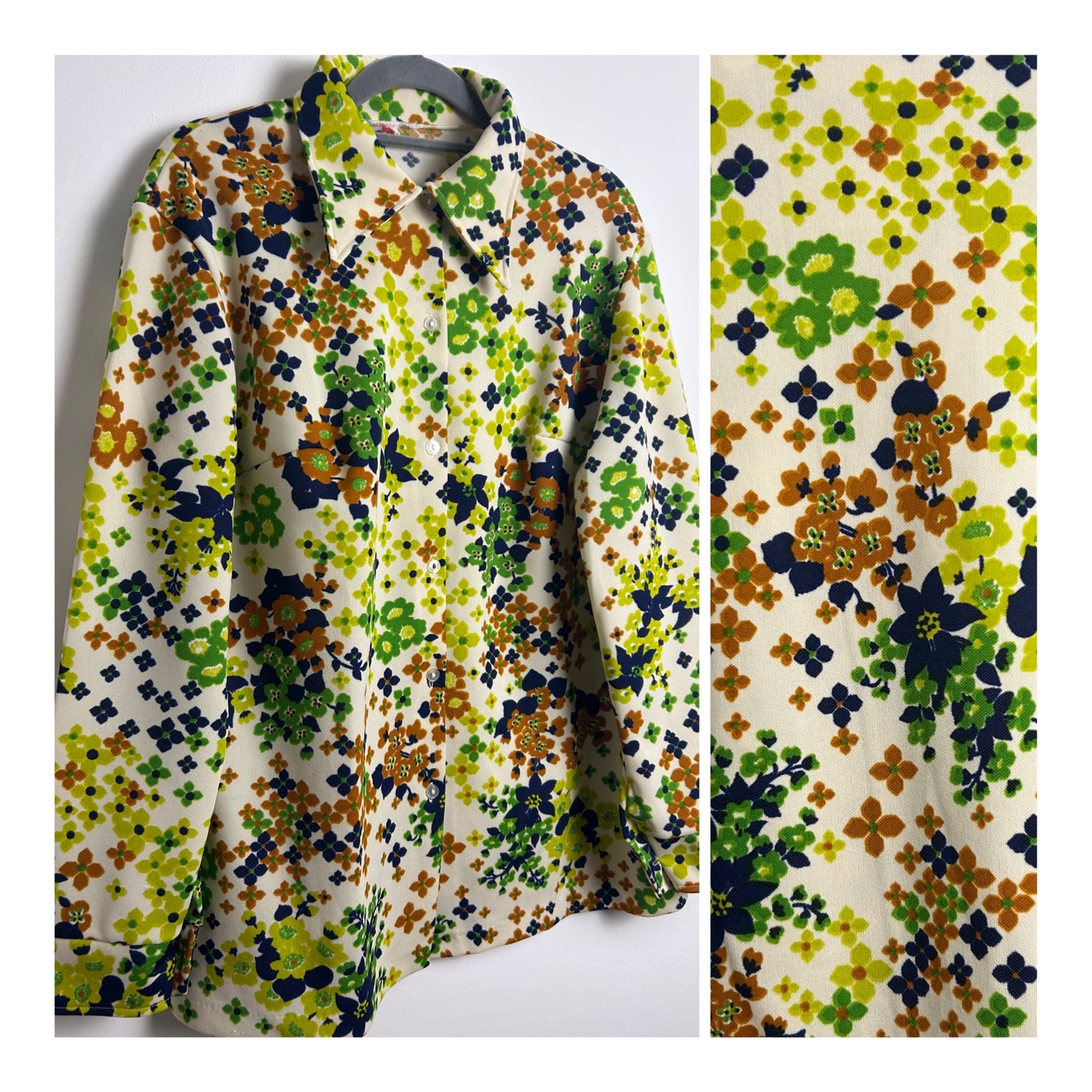 Vintage 1970s Size 14-16 White Green & Brown Tones Floral Print Long Sleeve Shirt