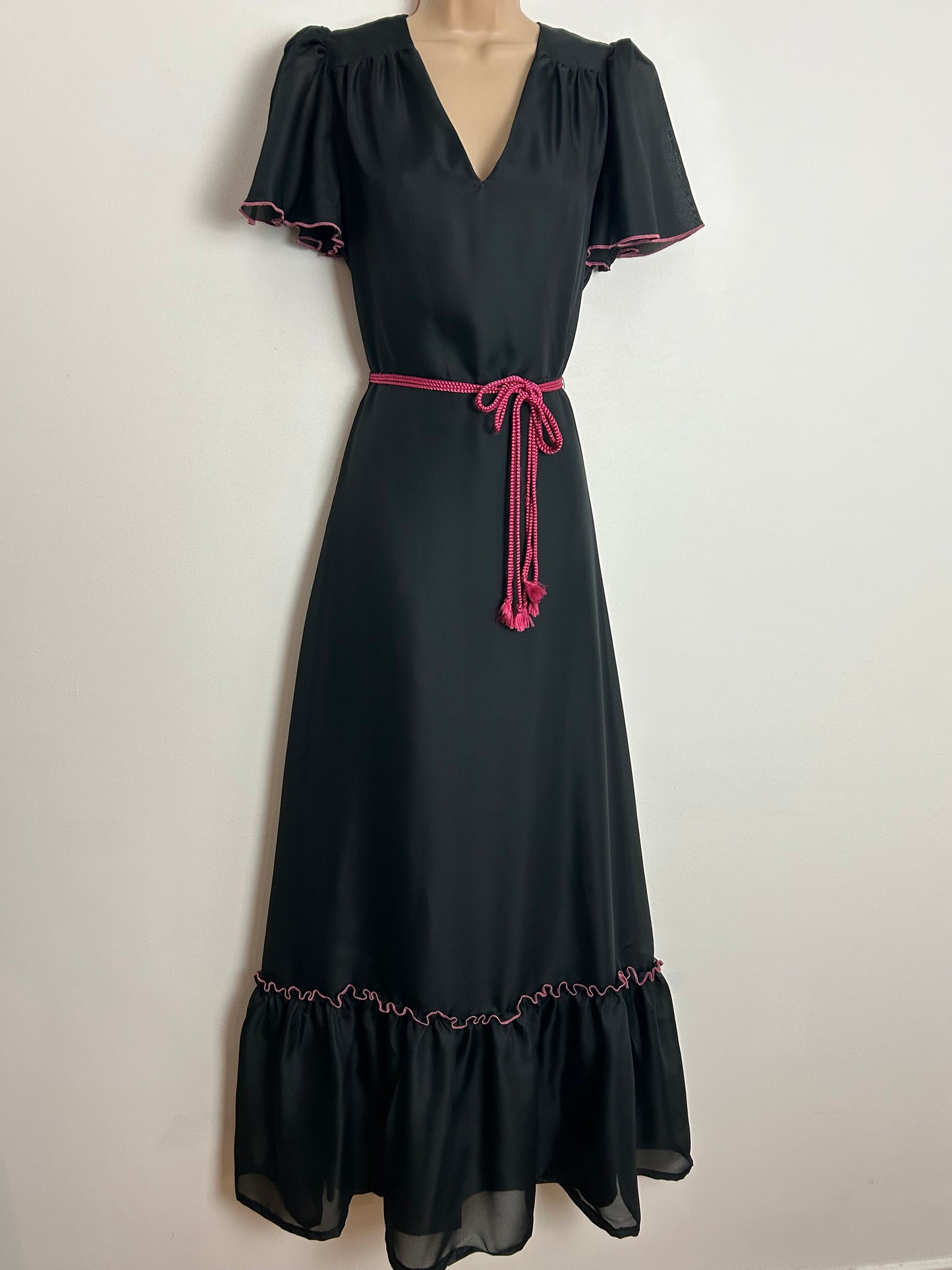 Vintage 1970s UK Size 8 Pretty Black Chiffon Short Sleeve Triple Belted Prairie Boho Maxi Dress