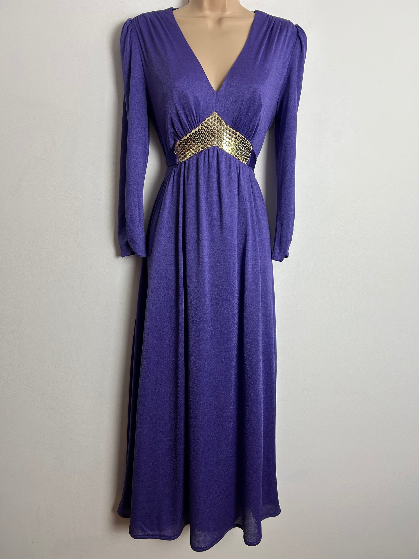Vintage 1970s UK Size 8-10 Purple & Gold Sequin Trim Long Sleeve Tie Back Evening Maxi Dress