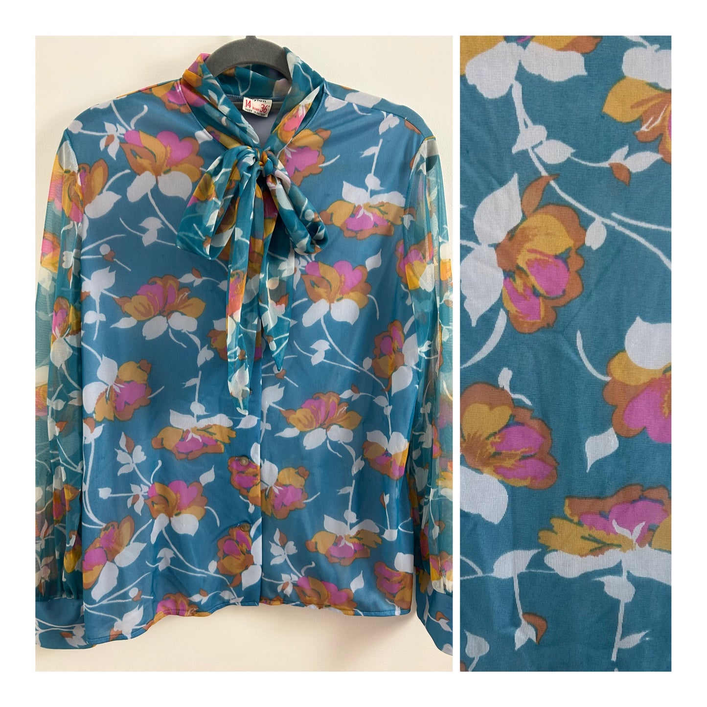 Vintage 1960s 1970s ST MICHAEL Size 12-14 Blue Orange & Pink Floral Nylon Pussy Bow Long Sleeve Shirt