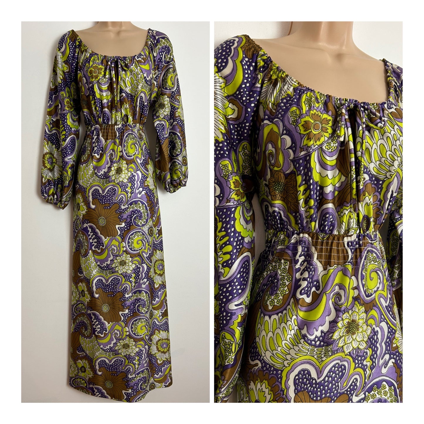 Vintage 1970s RICHARD SHOPS UK Size 10 Purple Green & Brown Psychedelic Floral Print On/Off Shoulder Long Sleeve Maxi Dress