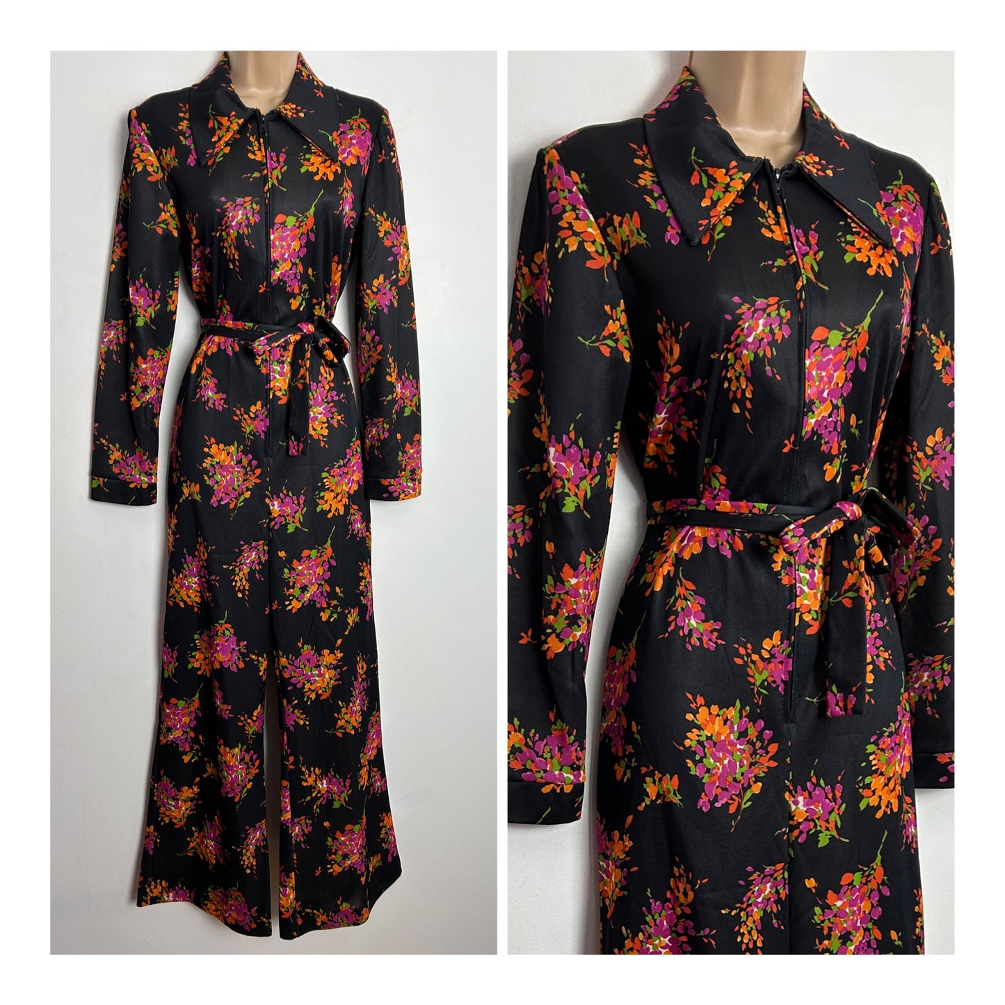 Vintage 1970s UK Size 10-12 Black Orange & Pink Floral Print Wide Leg Belted Jumpsuit