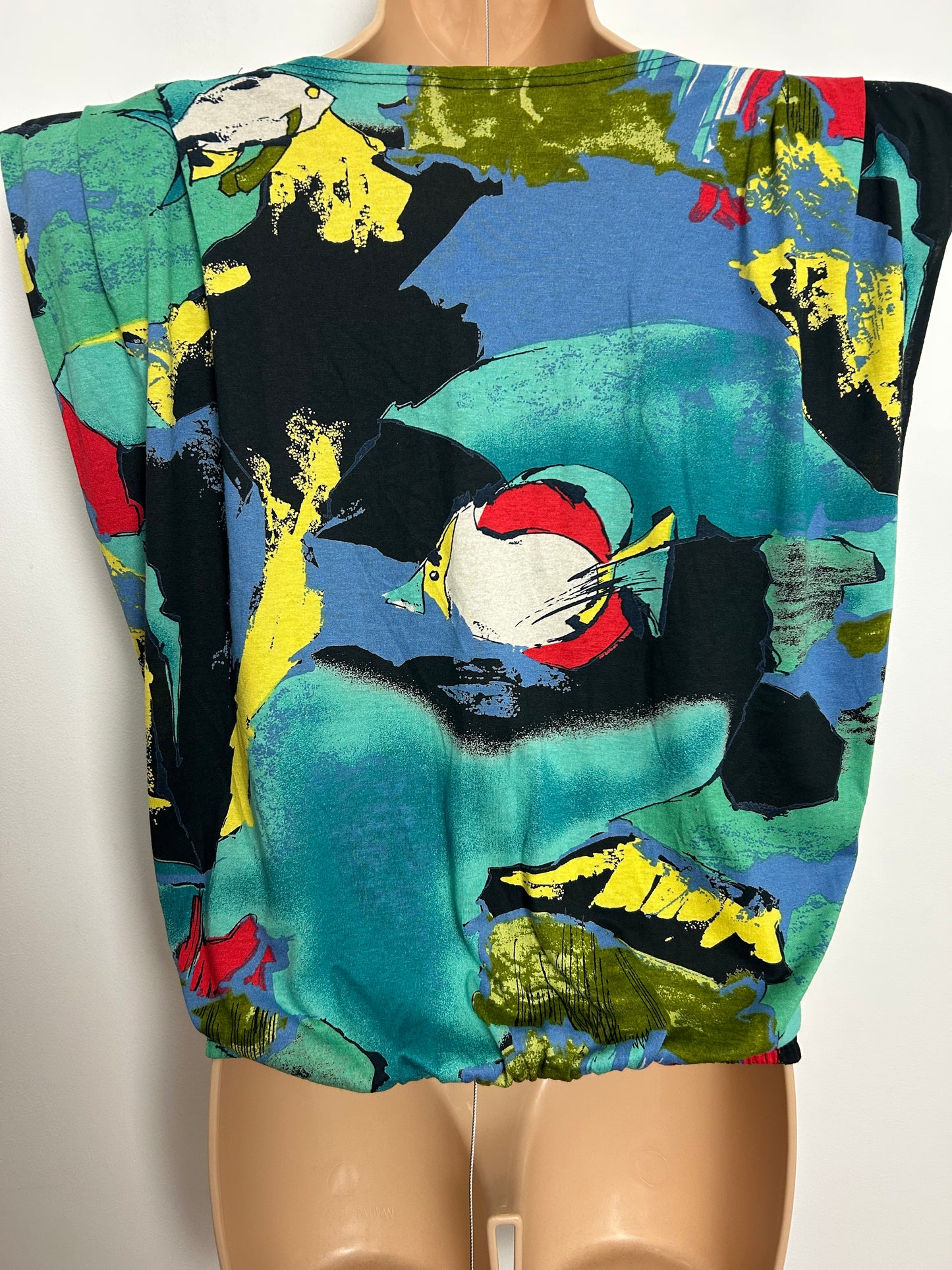 Vintage 1980s Size 14 Green Blue Black & Red Abstract Fish Print Cotton Mix Top
