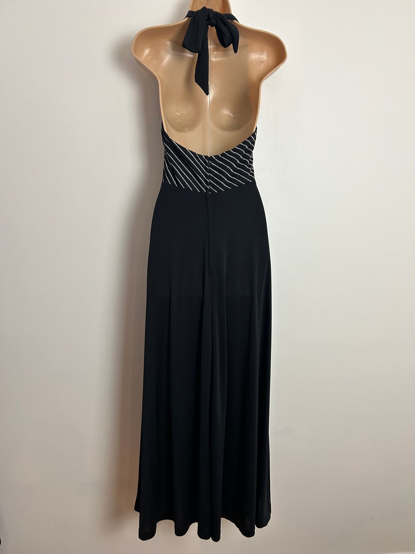 Vintage 1970s UK Size 6 Black & Metallic Silver Lurex Stripe Halterneck Evening Maxi Dress