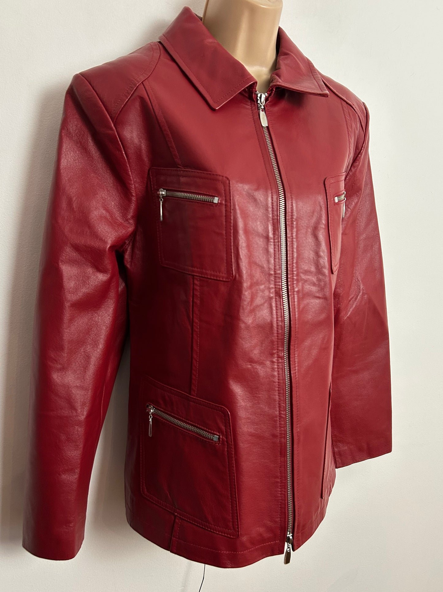 Vintage Late 1980s UK Size 14-16 Red Leather Zip Fronted Pocket Detail Jacket