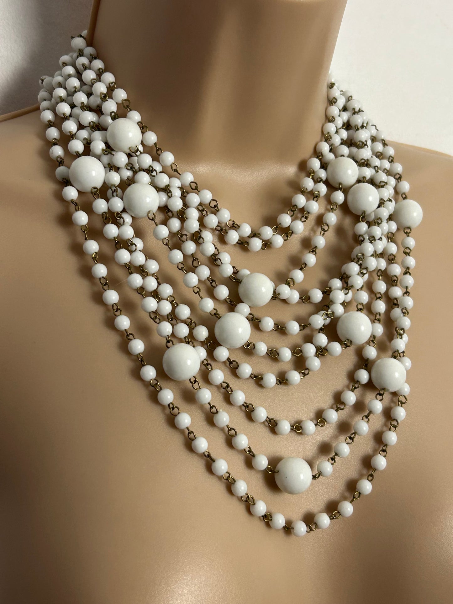 Vintage 1960s White Plastic Bead Ten Strand Statement Necklace (Hong Kong)